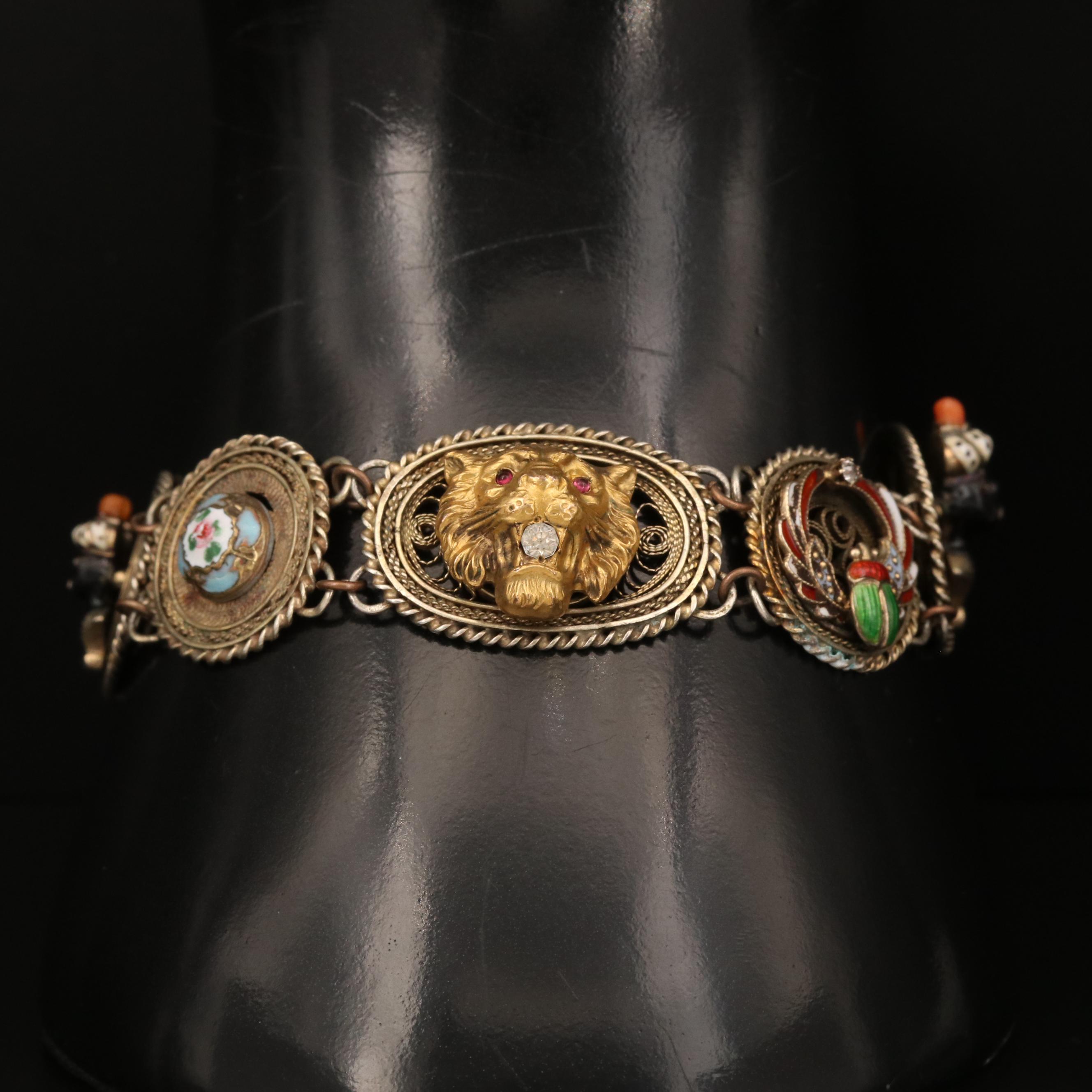 Vintage Sterling and 14K Enamel and Glass Filigree Panel Bracelet with Charms