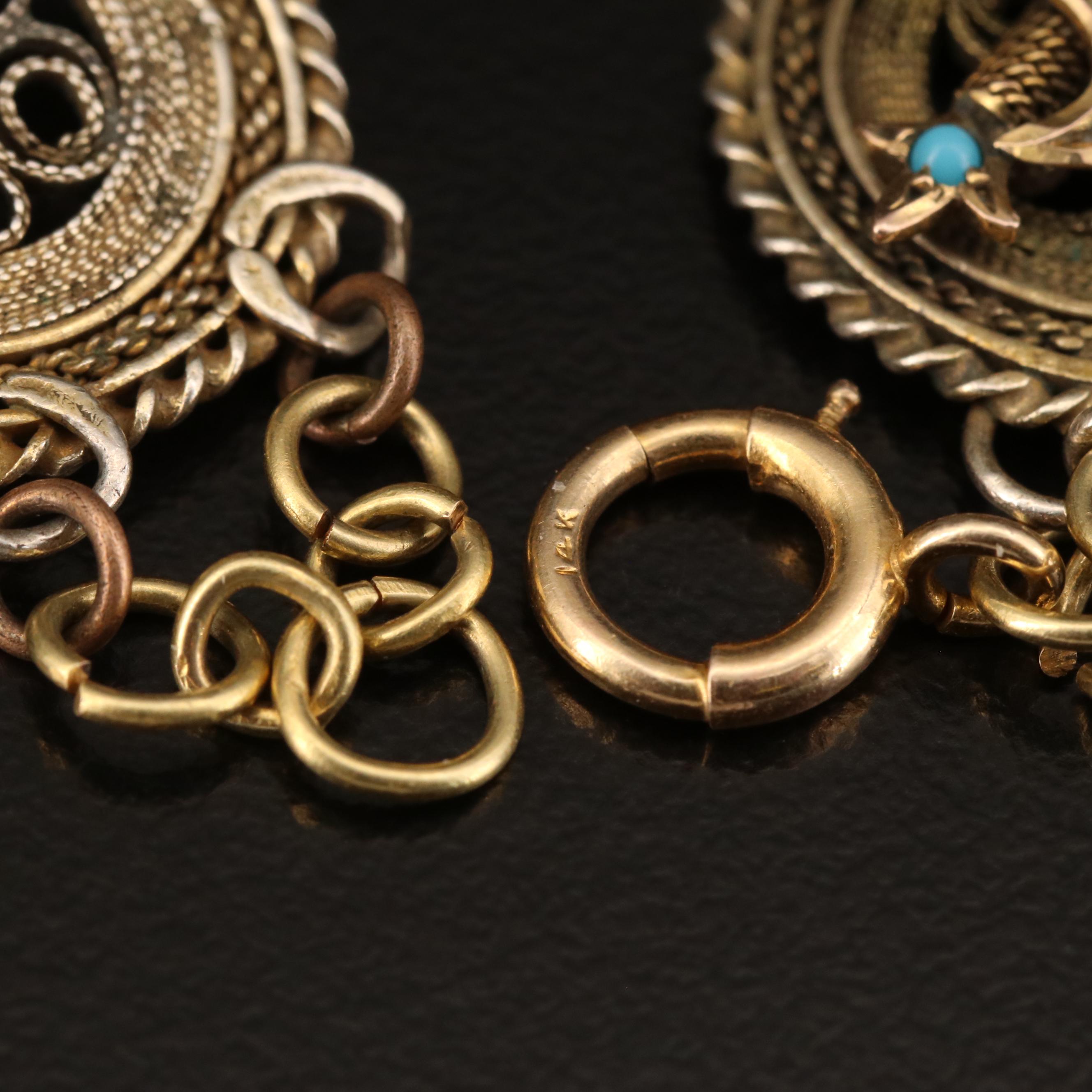 Vintage Sterling and 14K Enamel and Glass Filigree Panel Bracelet with Charms