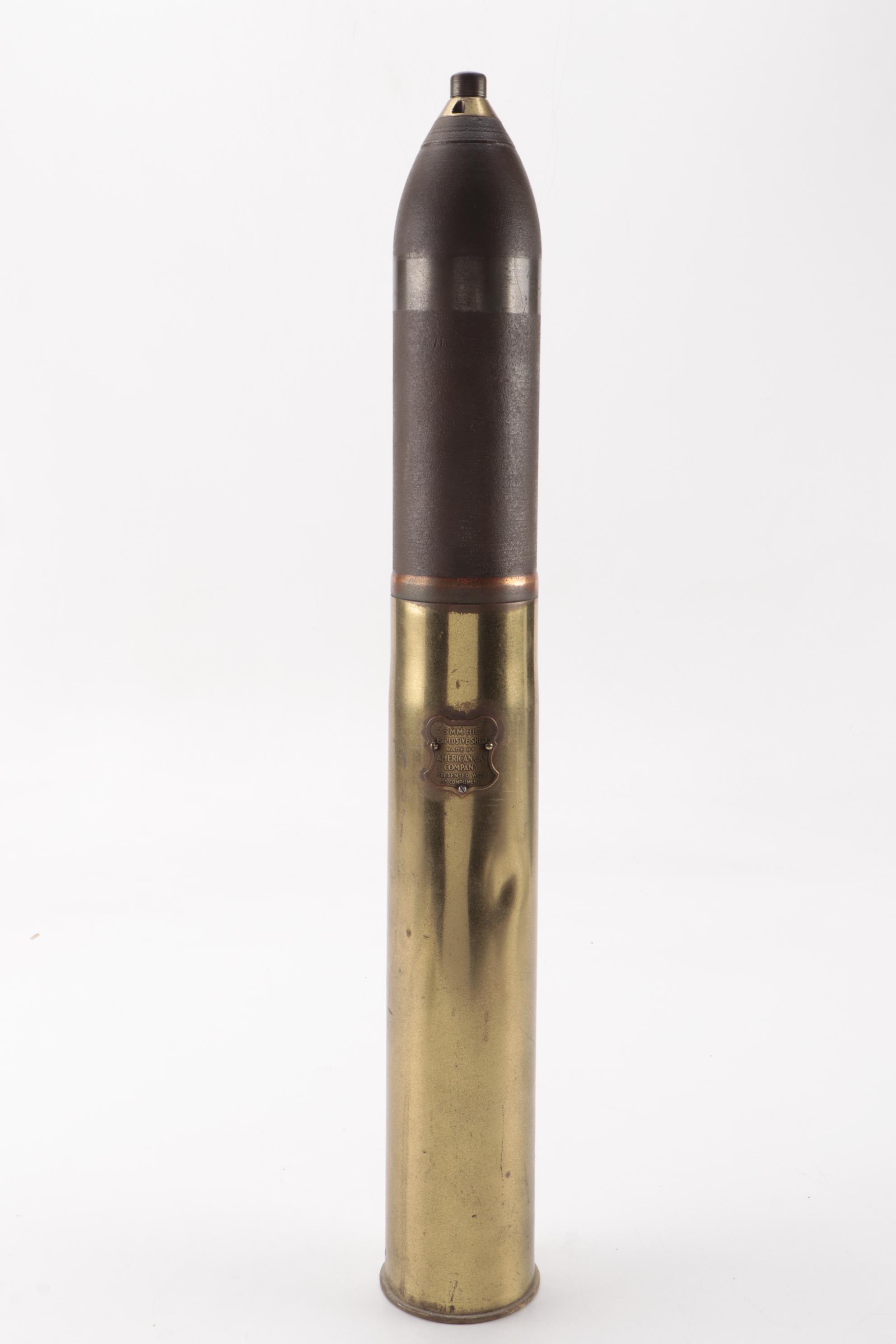 American Can Co. WWI Era 75 MM Artillery Shell Casing, Brass Plaque, circa 1917