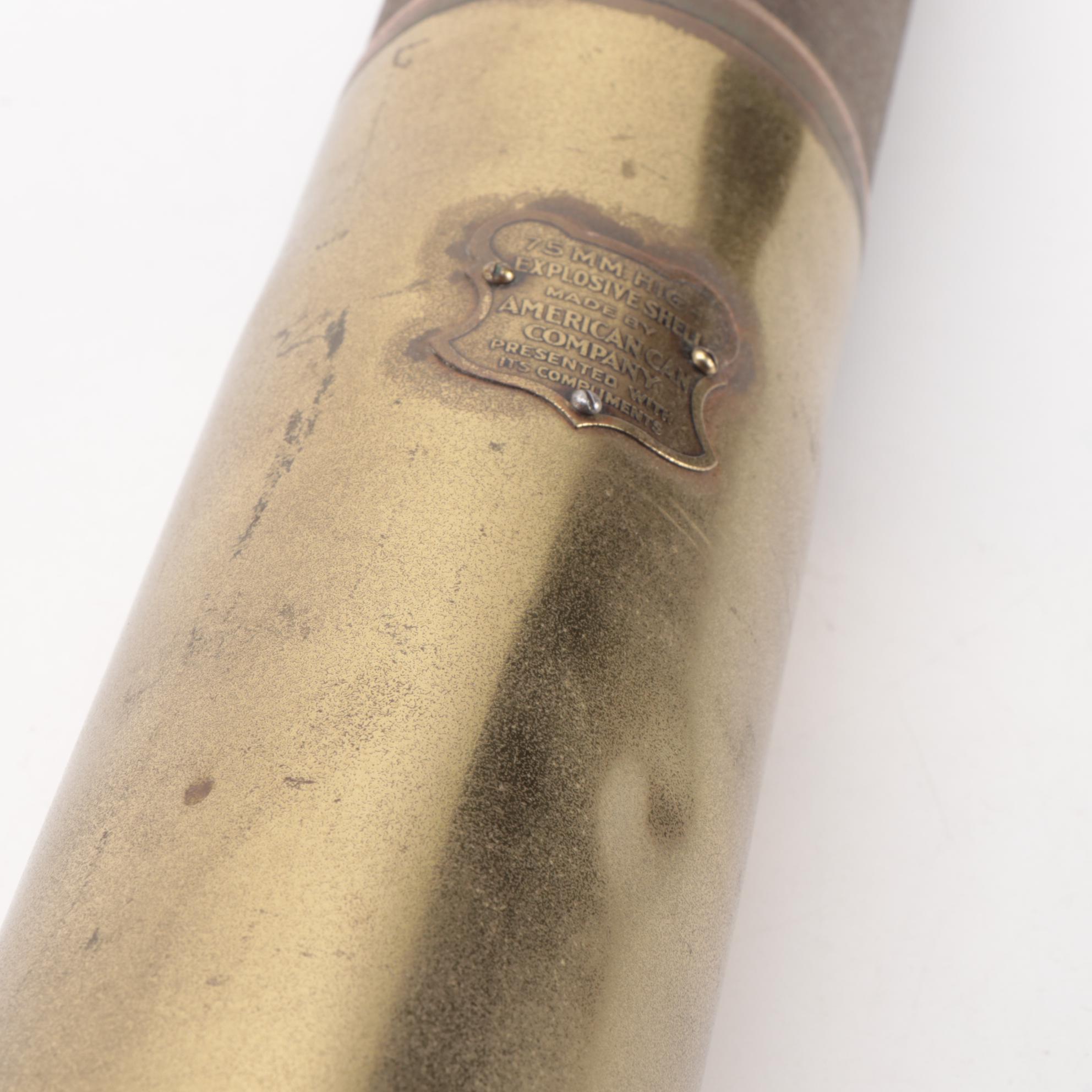 American Can Co. WWI Era 75 MM Artillery Shell Casing, Brass Plaque, circa 1917