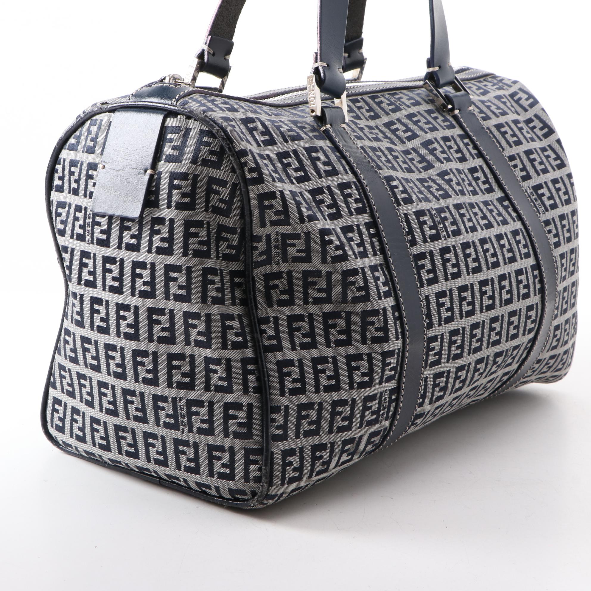 Fendi Navy Zucchino Canvas Boston Bag