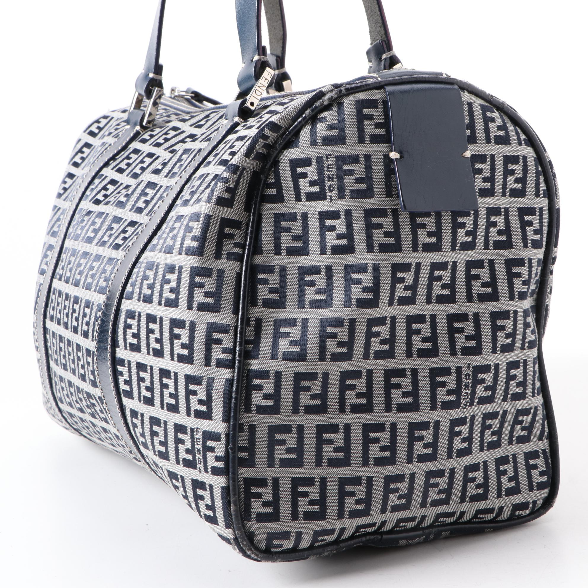 Fendi Navy Zucchino Canvas Boston Bag