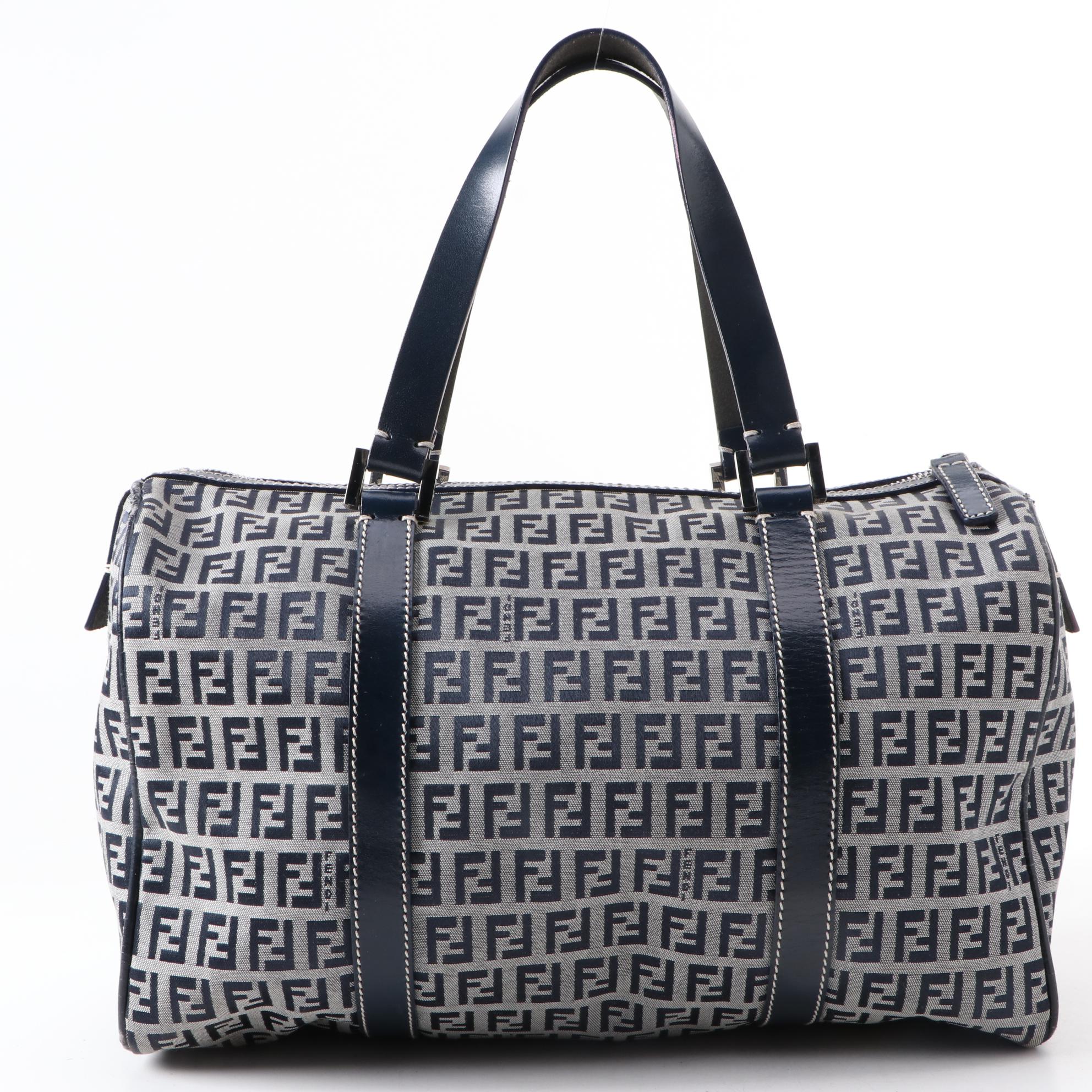 Fendi Navy Zucchino Canvas Boston Bag
