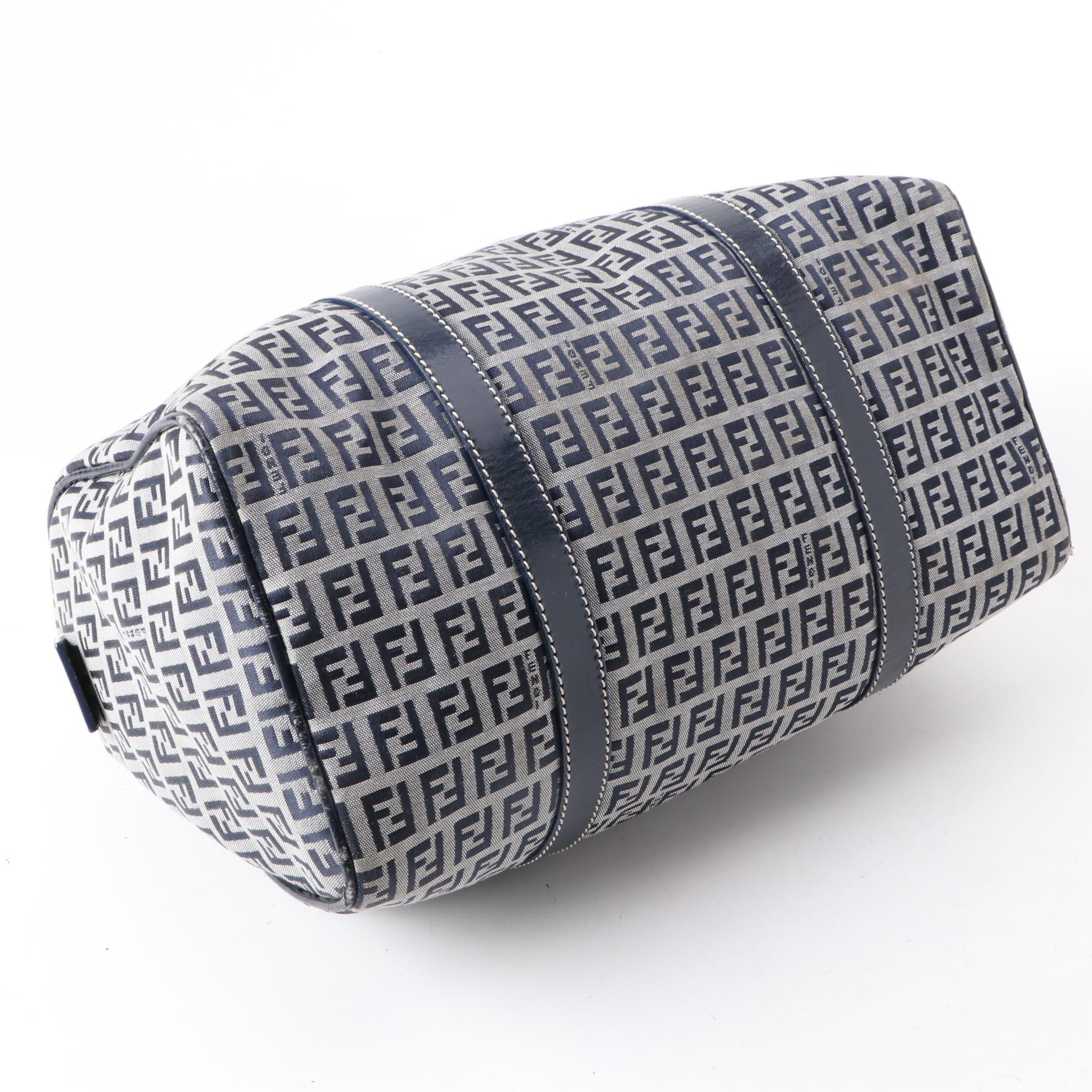 Fendi Navy Zucchino Canvas Boston Bag