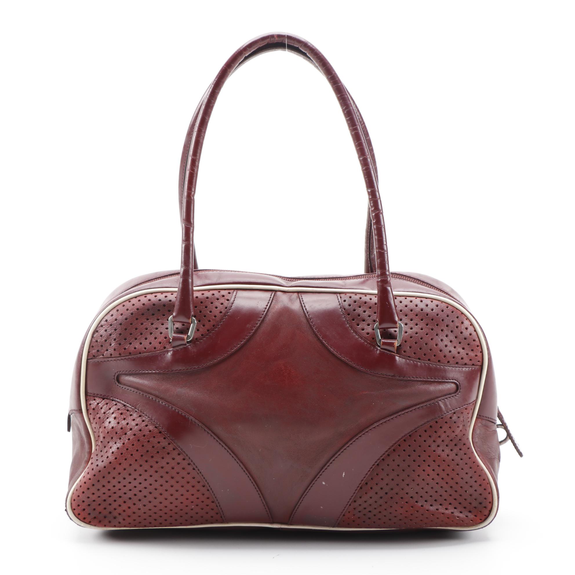 Modified Prada Bowling Bag in Maroon Leather with White Leather Piping