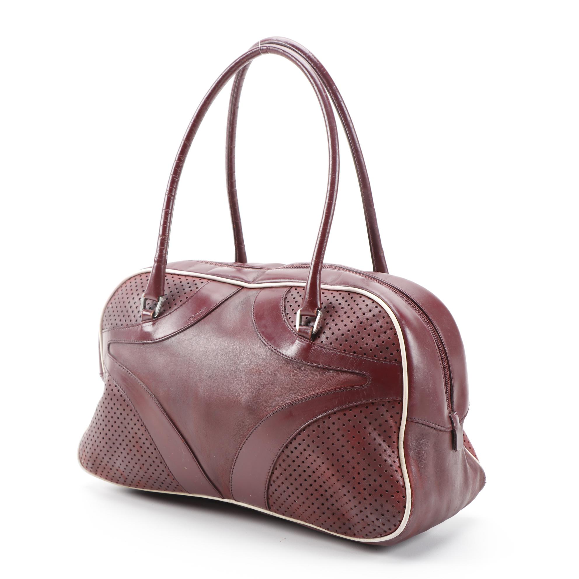 Modified Prada Bowling Bag in Maroon Leather with White Leather Piping