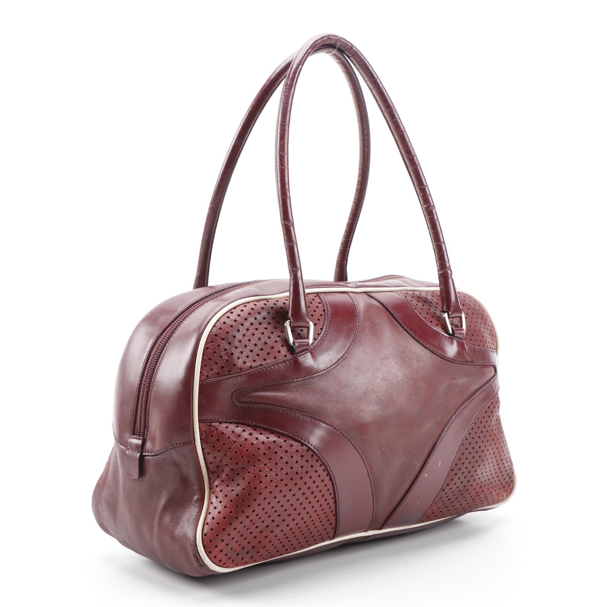 Modified Prada Bowling Bag in Maroon Leather with White Leather Piping