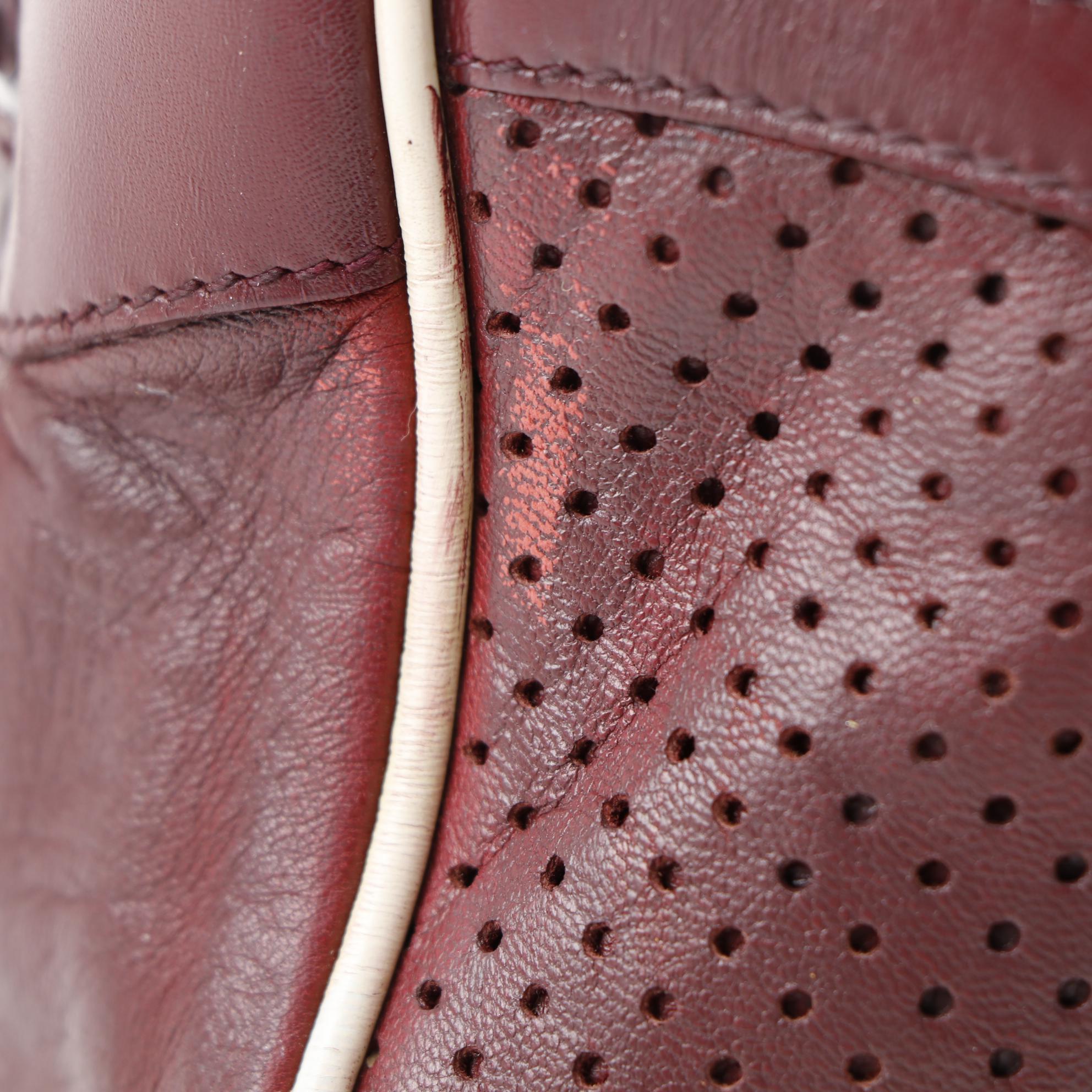 Modified Prada Bowling Bag in Maroon Leather with White Leather Piping