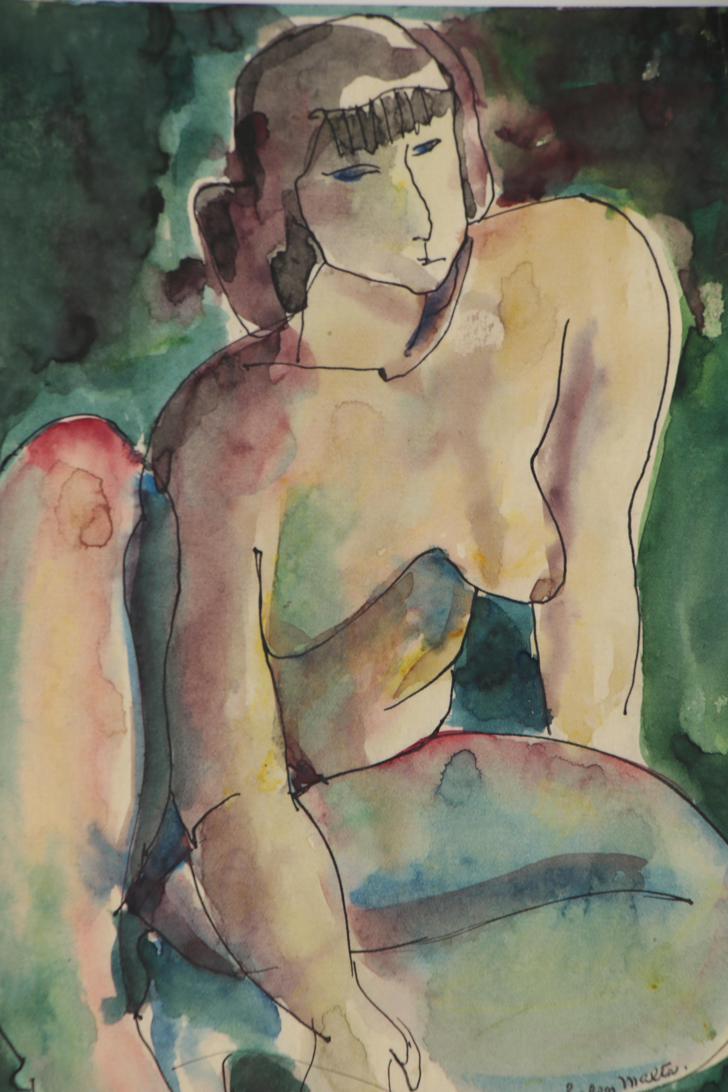 Helen Malta Modernist Watercolor Painting of Female Nude, 20th Century
