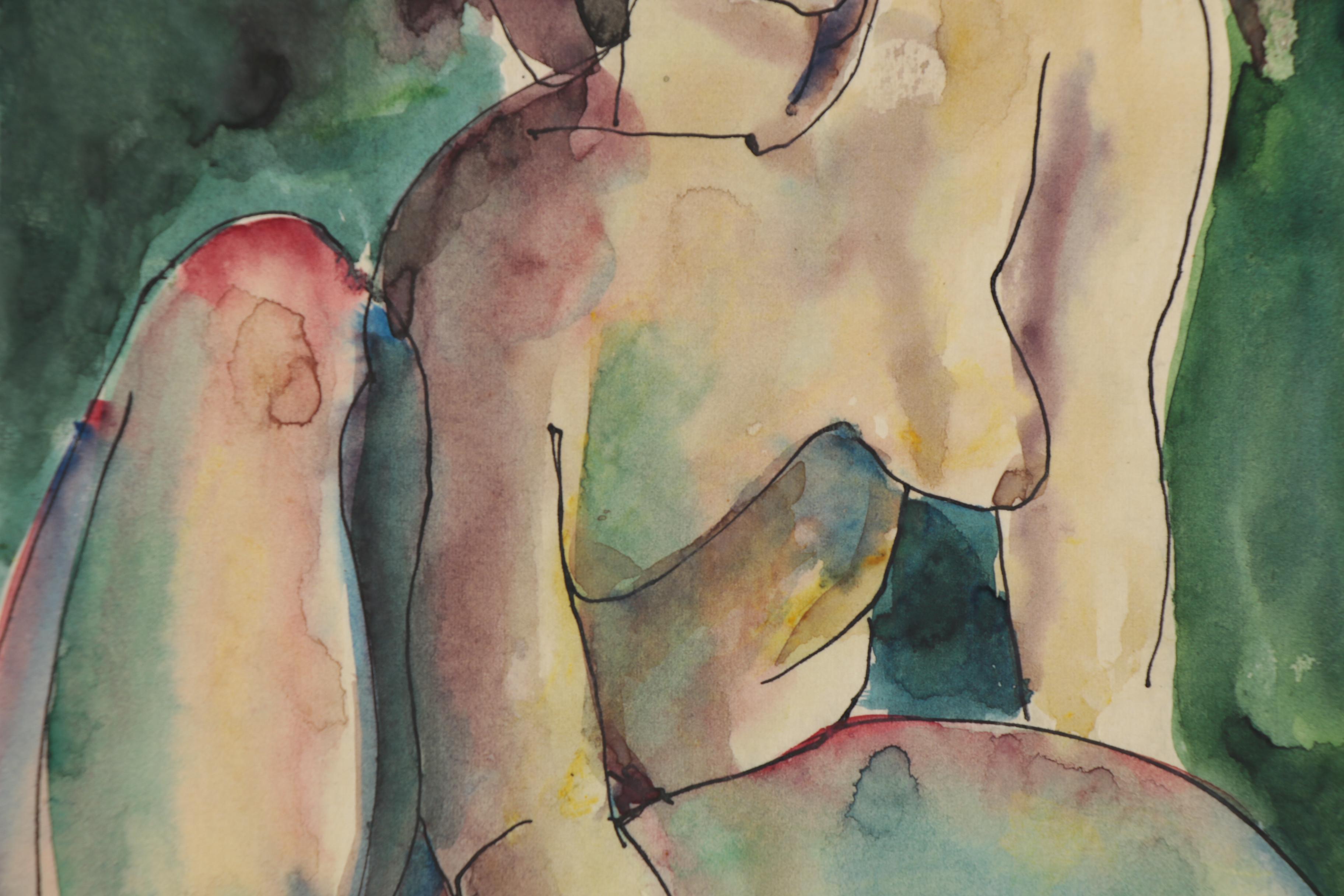 Helen Malta Modernist Watercolor Painting of Female Nude, 20th Century