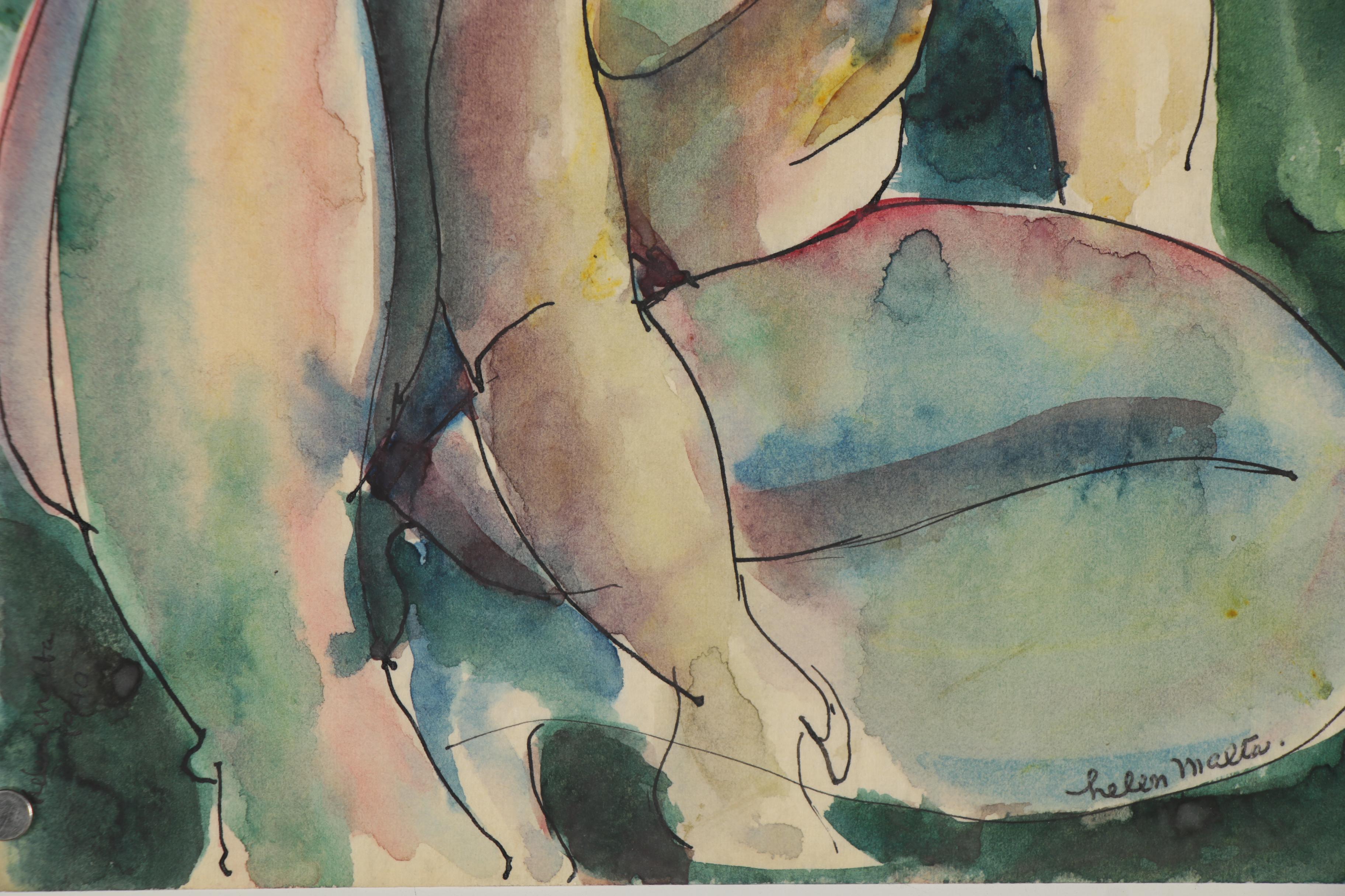 Helen Malta Modernist Watercolor Painting of Female Nude, 20th Century