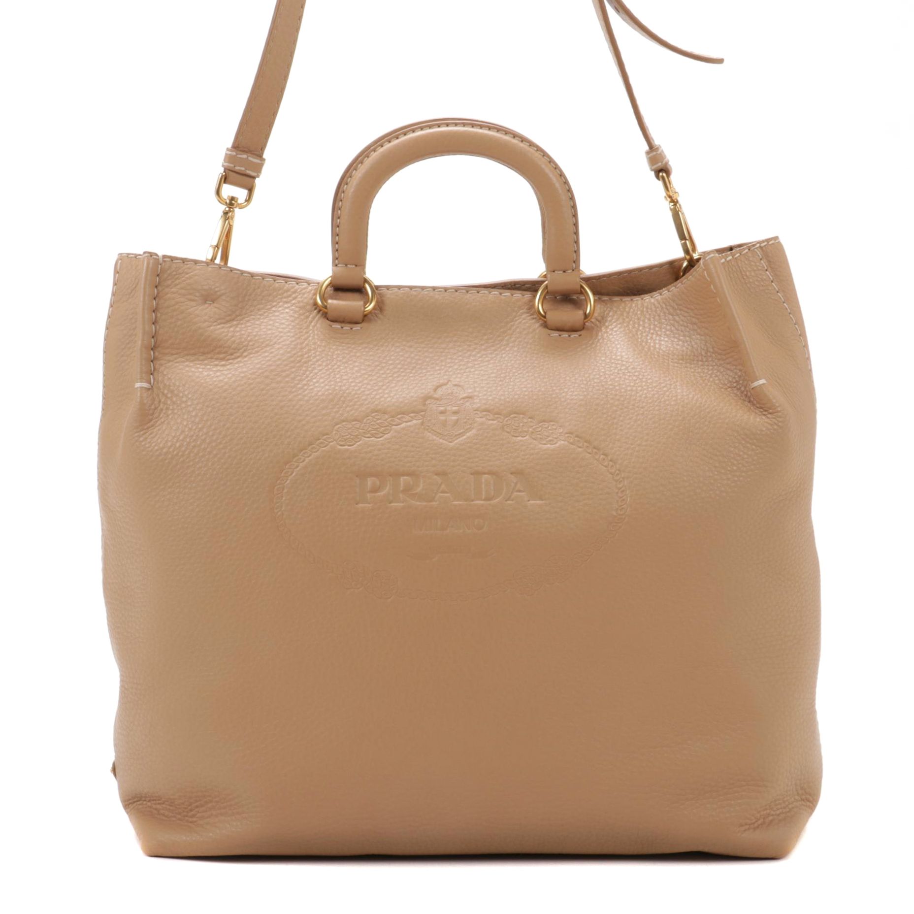 Prada Vitello Daino Leather Large Convertible Shopper Tote with Embossed Logo