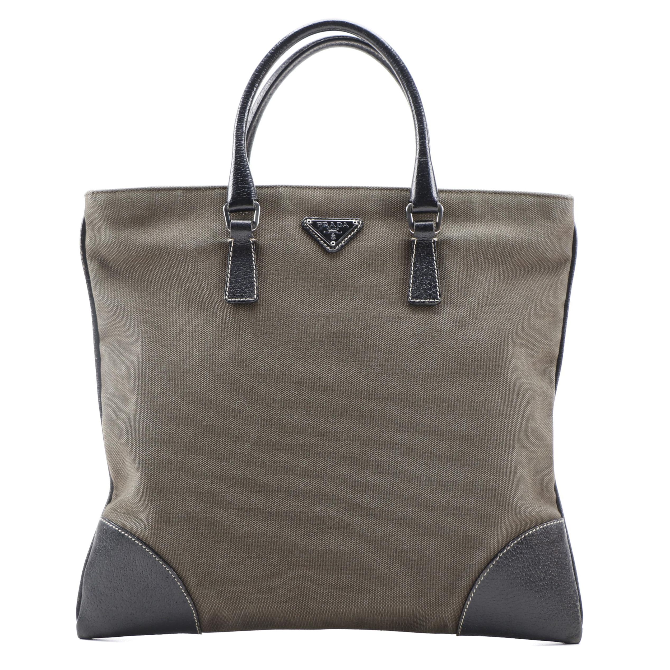 Prada Square Tote in Olive Canvas and Contrast Stitched Black Leather