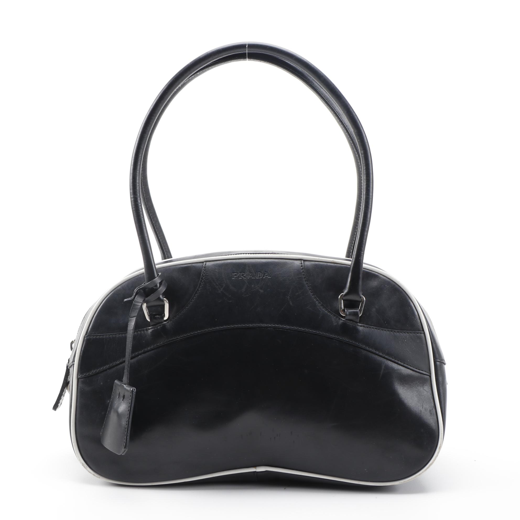 Prada Black and White Leather Bowler Shoulder Bag