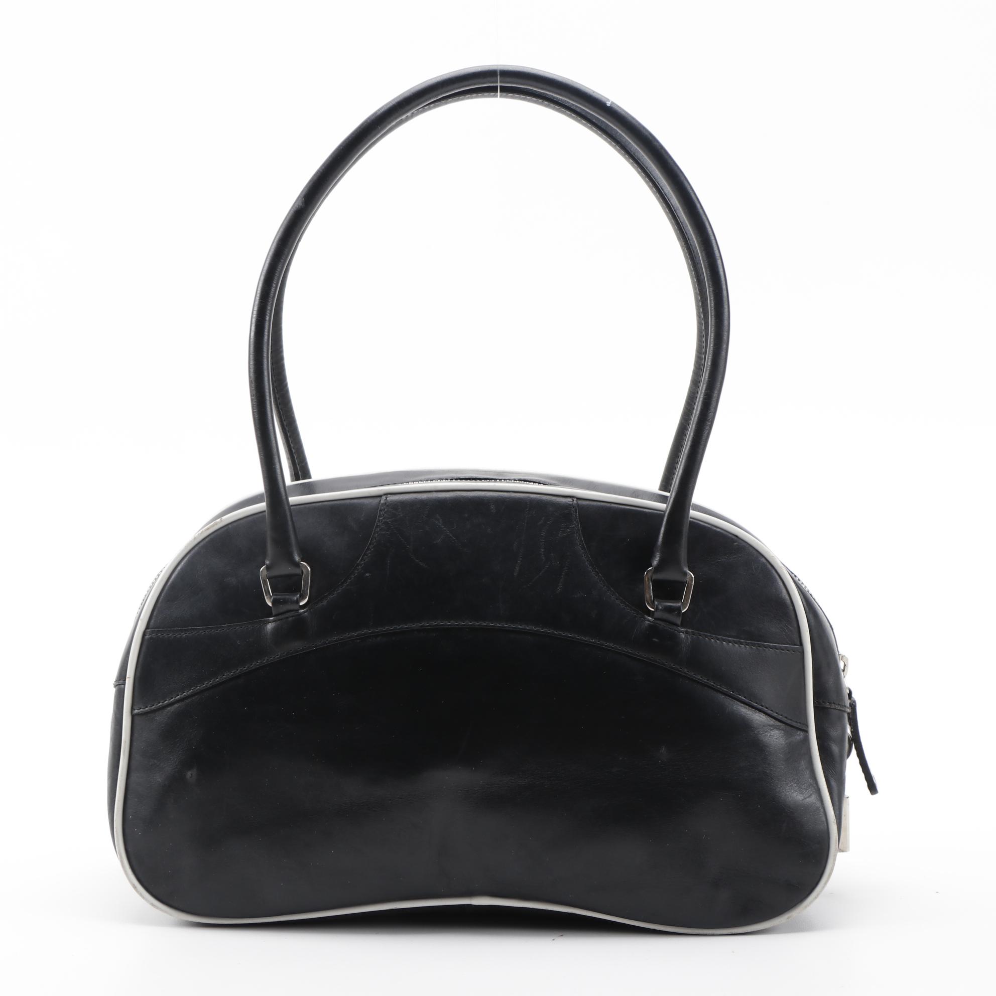 Prada Black and White Leather Bowler Shoulder Bag