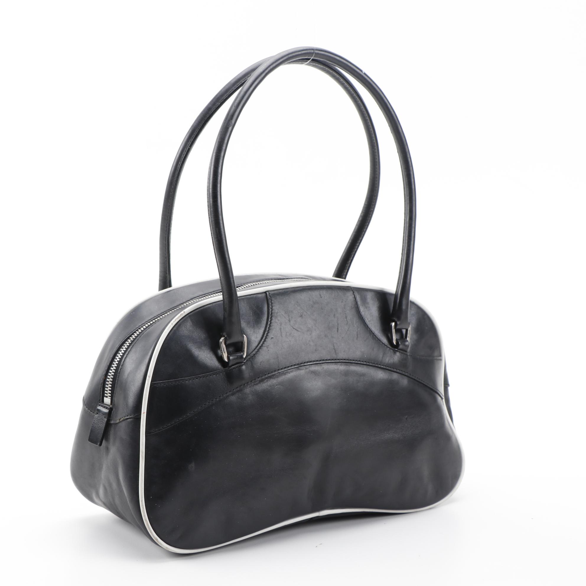 Prada Black and White Leather Bowler Shoulder Bag