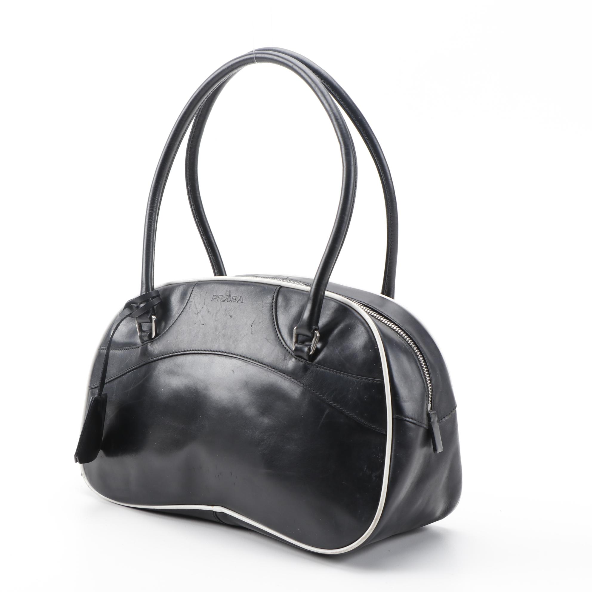Prada Black and White Leather Bowler Shoulder Bag