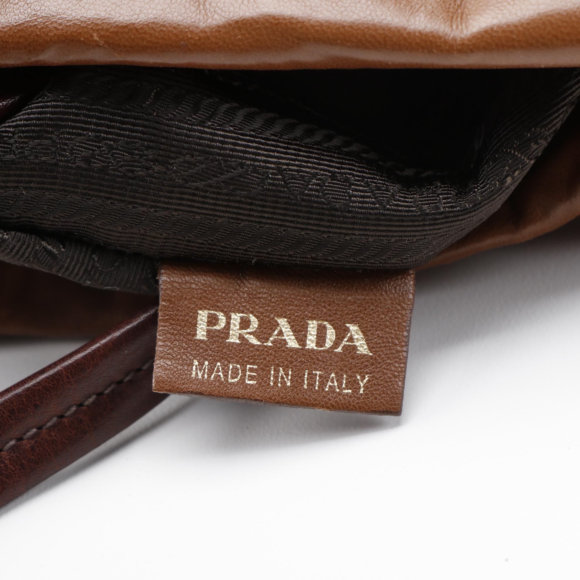 Prada Brown Crinkled Leather Drawstring Shoulder Tote