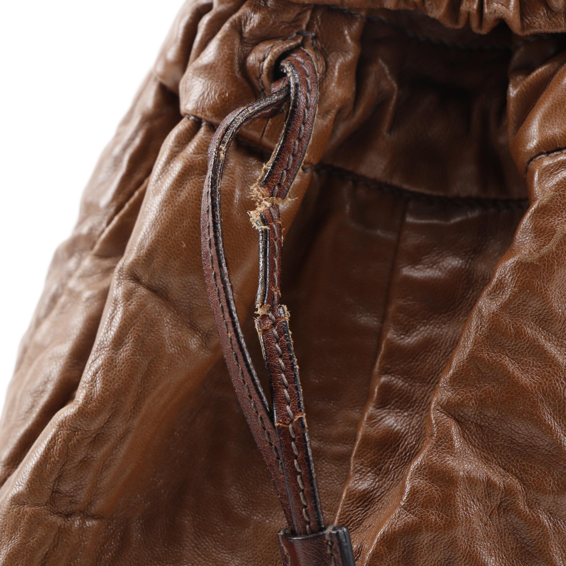Prada Brown Crinkled Leather Drawstring Shoulder Tote