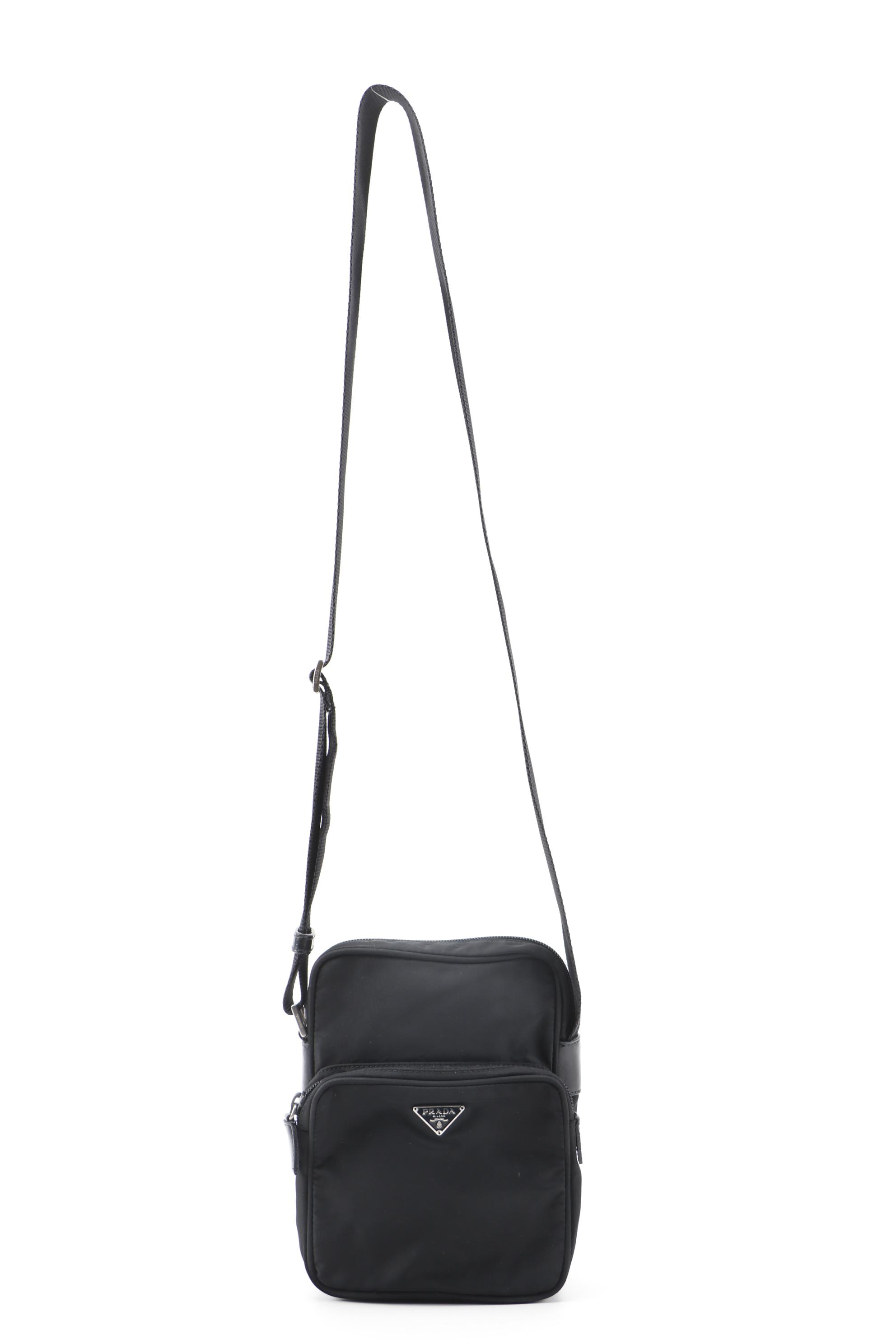 Prada Black Tessuto Front Pocket Camera Crossbody with Leather Trim