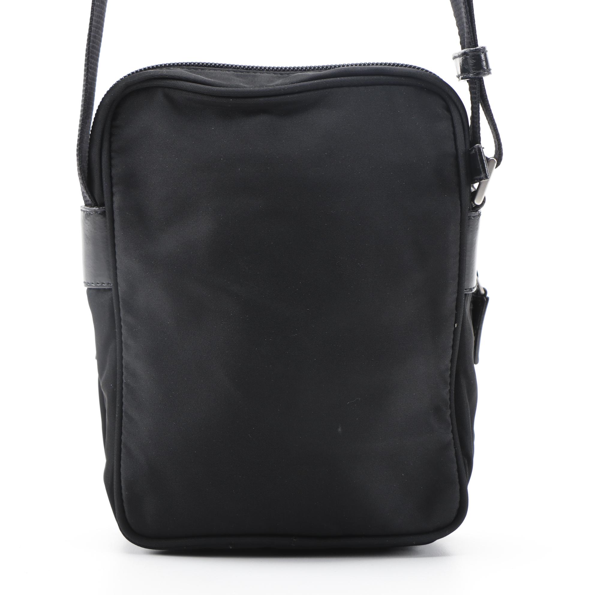 Prada Black Tessuto Front Pocket Camera Crossbody with Leather Trim