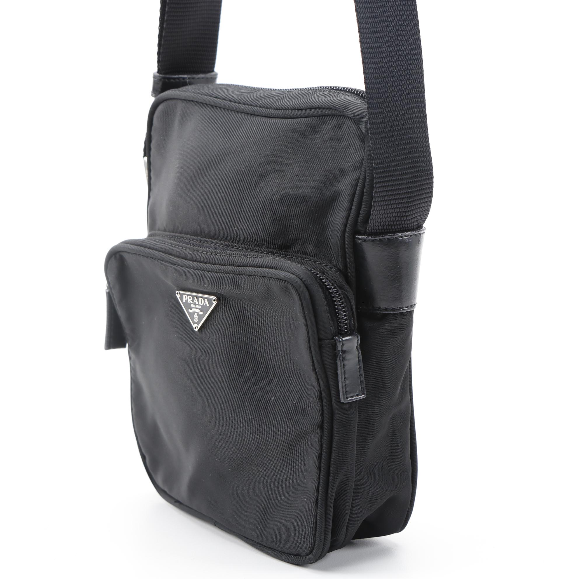 Prada Black Tessuto Front Pocket Camera Crossbody with Leather Trim
