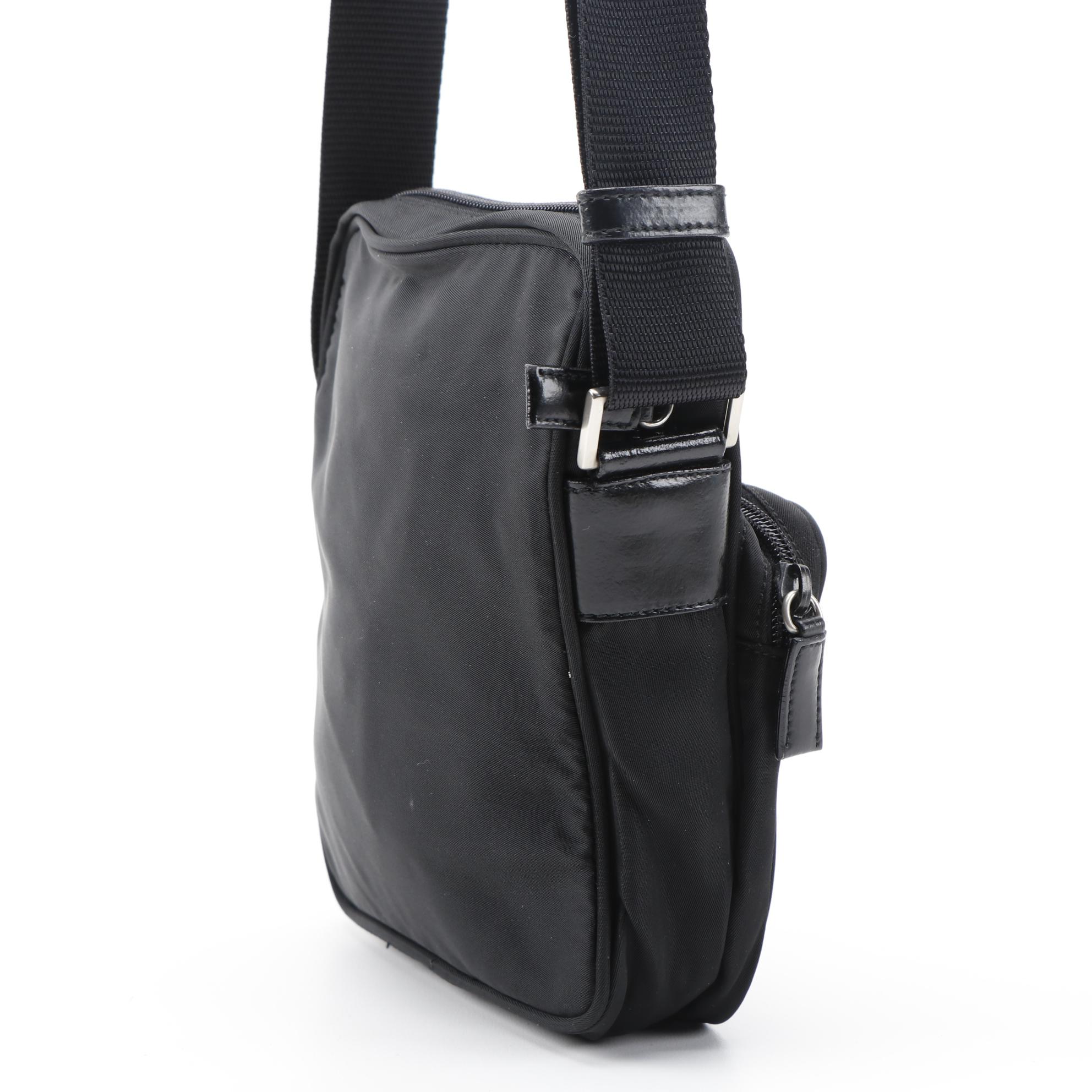Prada Black Tessuto Front Pocket Camera Crossbody with Leather Trim