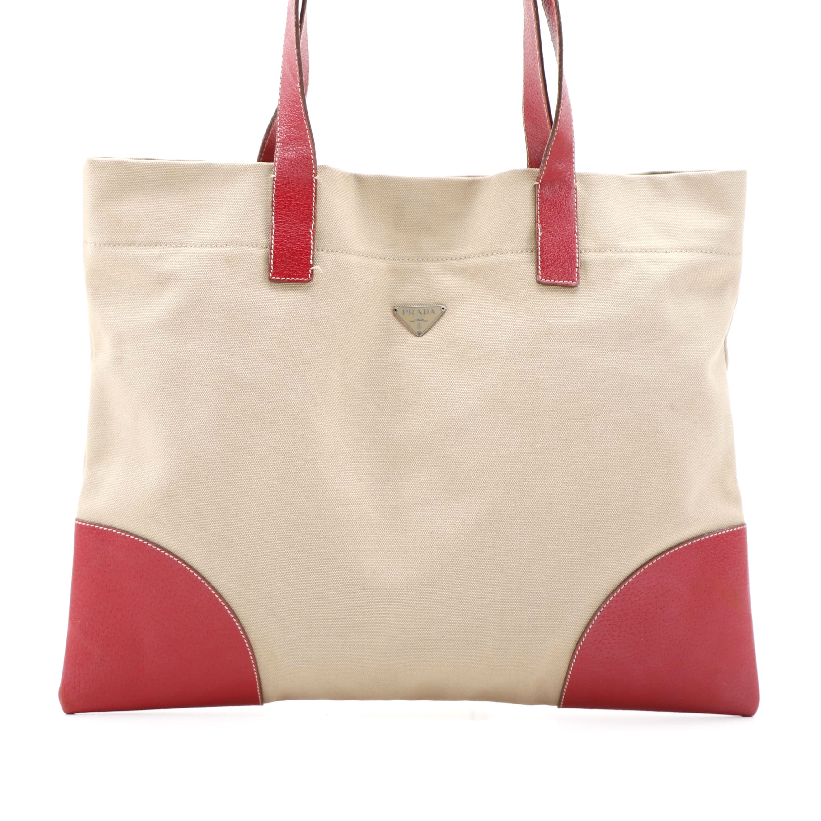 Prada Square Tote in Beige Canvas and Red Leather