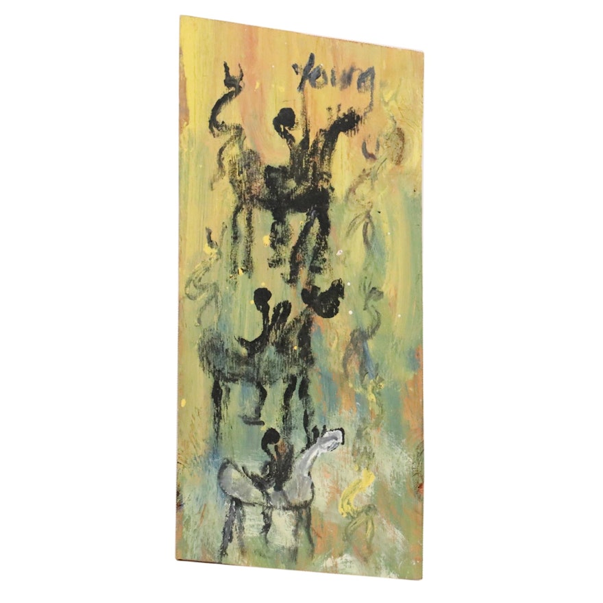 Purvis Young Outsider Art Acrylic Painting of Figures on Horses