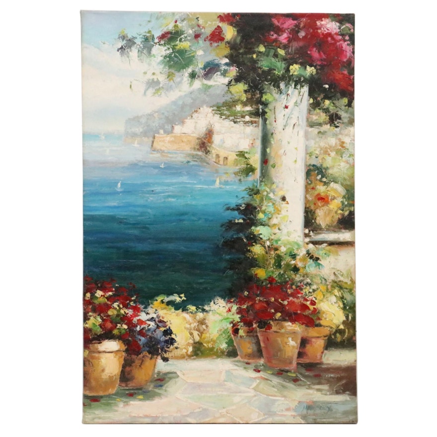 Mediterranean Coastal Scene Oil Painting, 21st Century