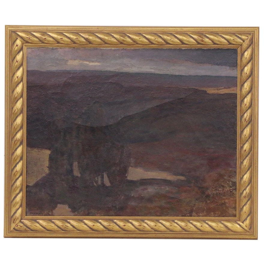 Olaf Olesen Landscape Oil Painting of Rolling Hills, Early 20th Century