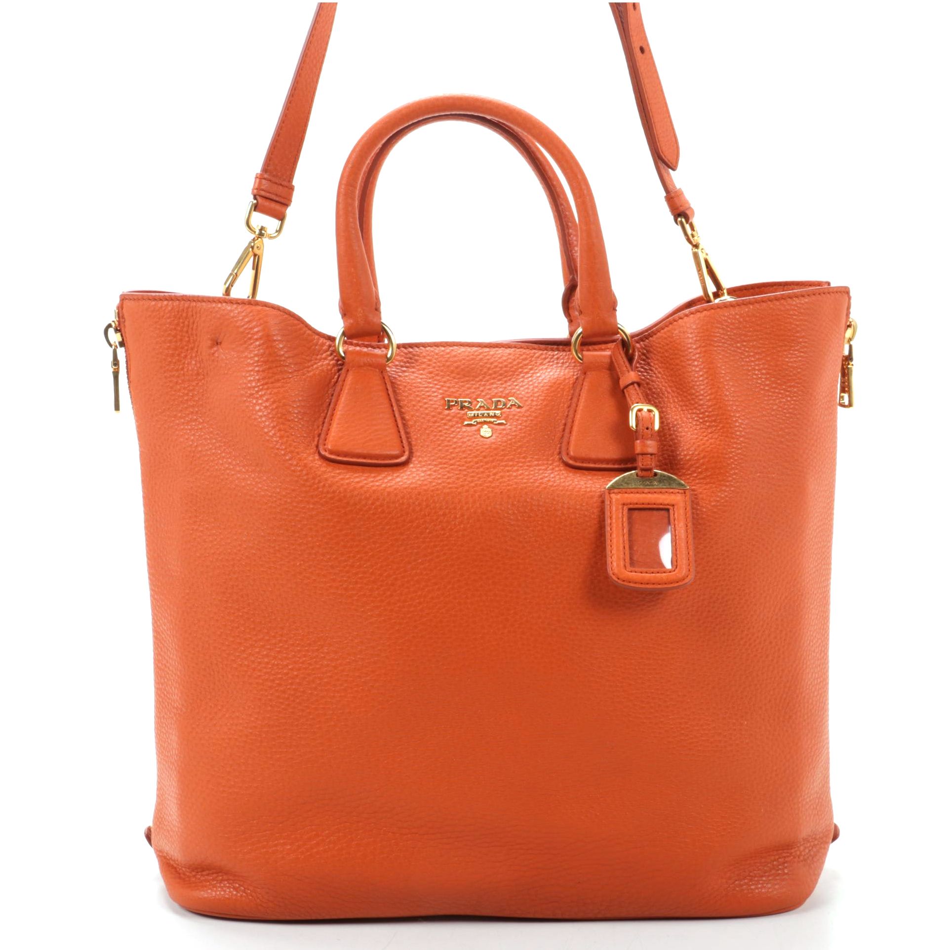 Prada  Large Side Zip Convertible Tote in Orange Vitello Daino Leather