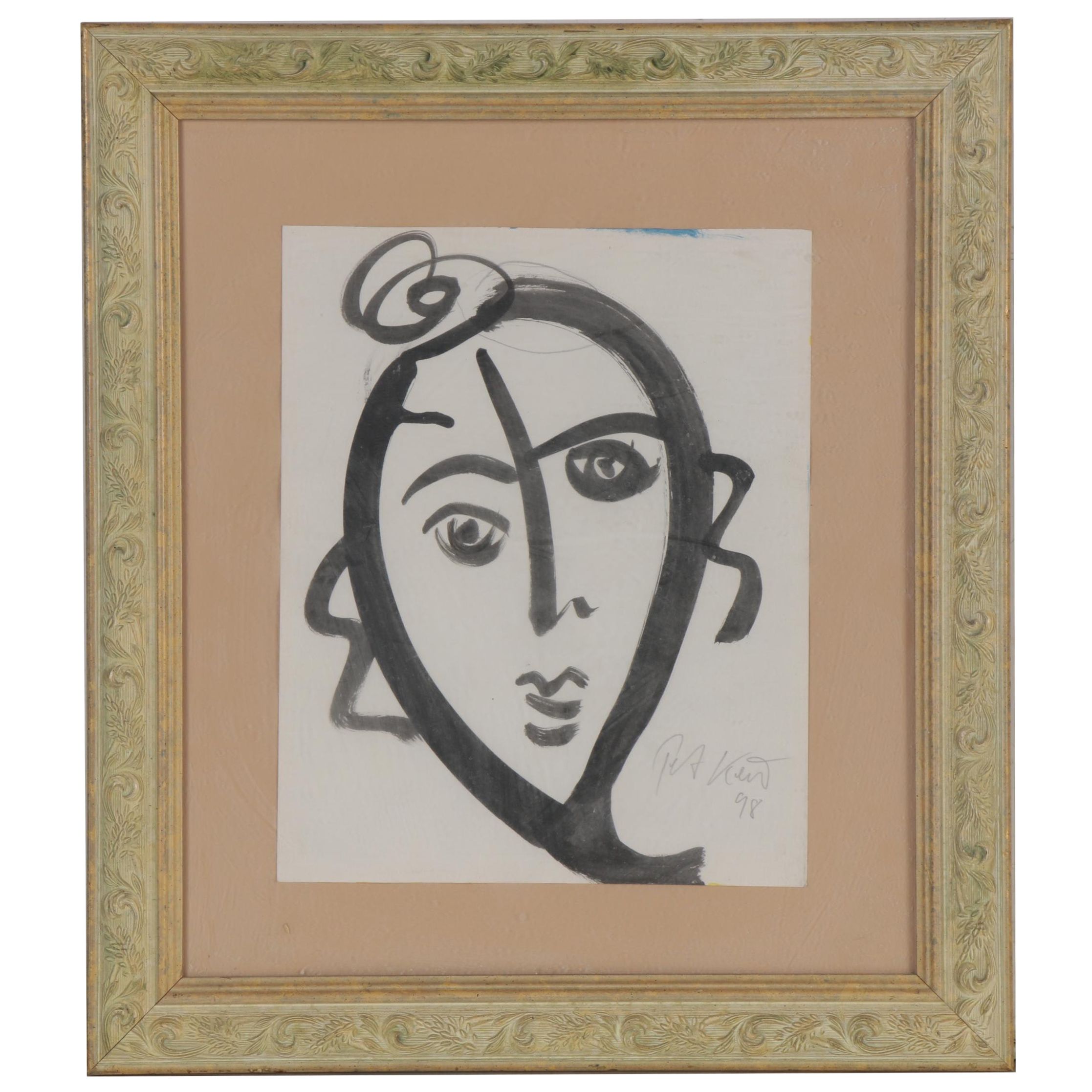 Peter Keil Abstract Portrait Ink Drawing, 1998