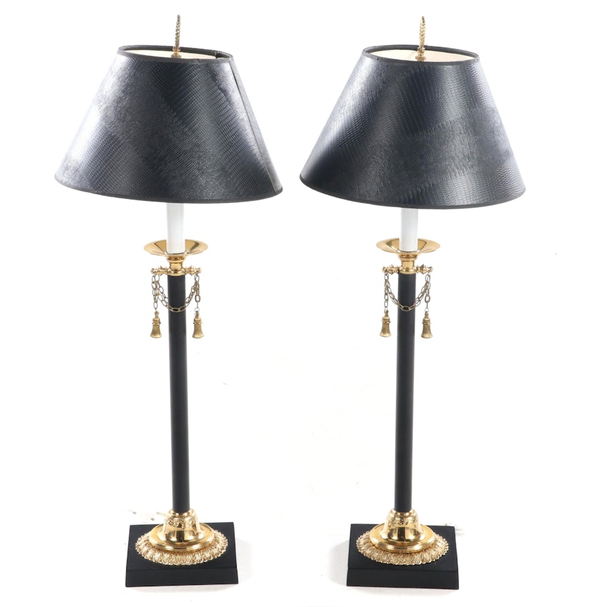 Pair of Brass-Mounted and Ebonized Candlestick Buffet Lamps
