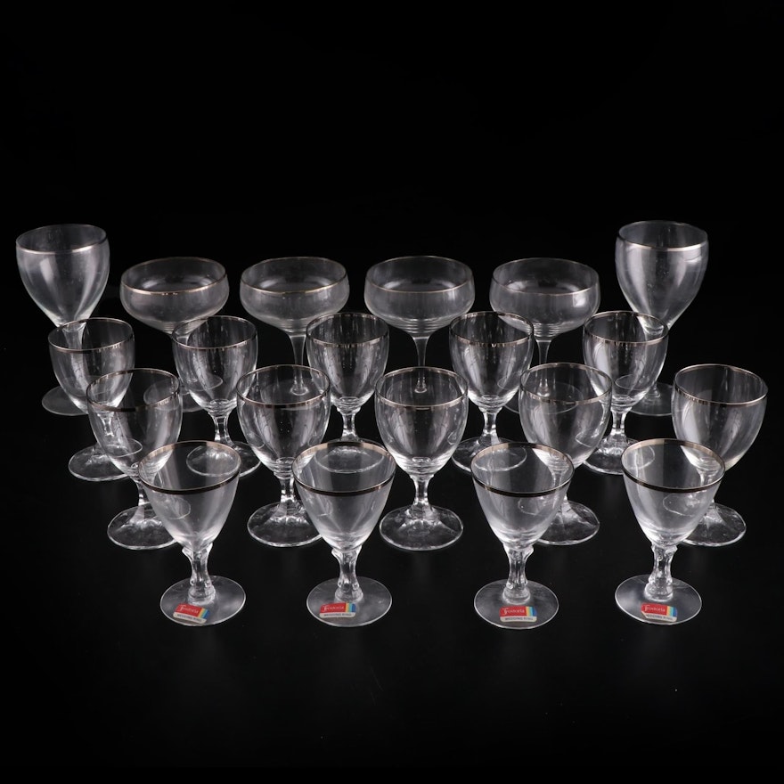 Fostoria "Wedding Ring" and Other Silver Rimmed Glass Stemware, Mid-20th C.