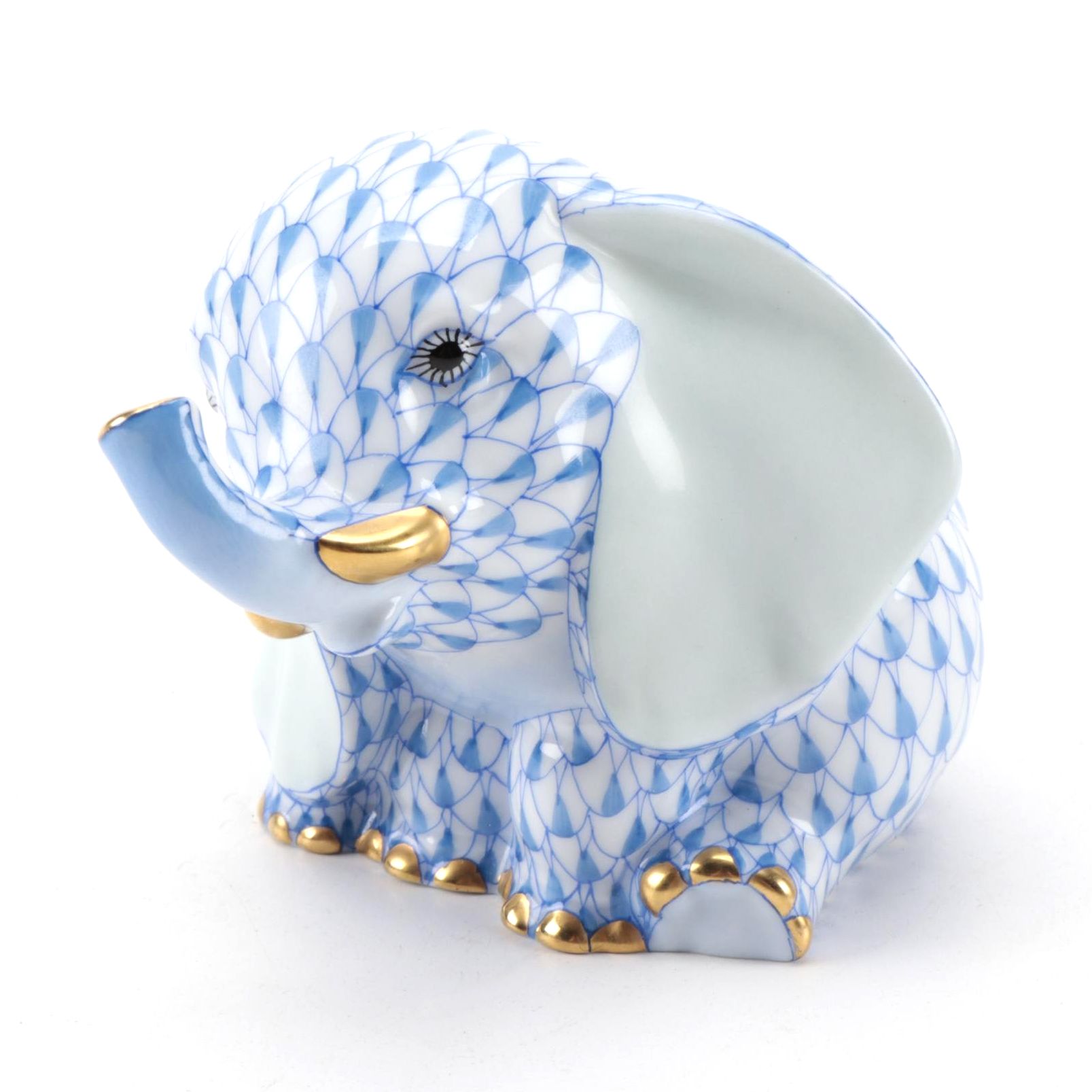 Herend Blue Fishnet with Gold "Sitting Baby Elephant" Porcelain Figurine, 2004