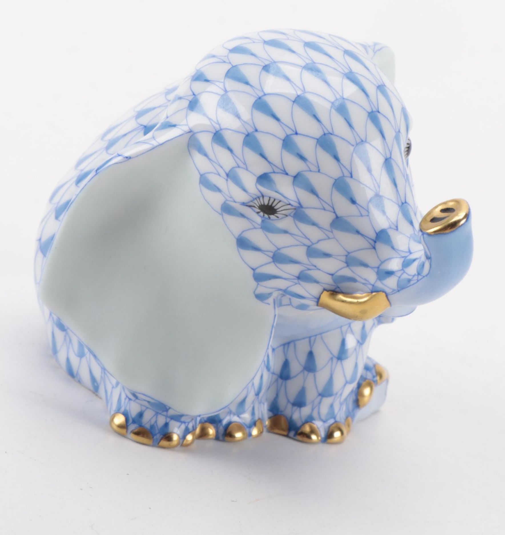 Herend Blue Fishnet with Gold "Sitting Baby Elephant" Porcelain Figurine, 2004