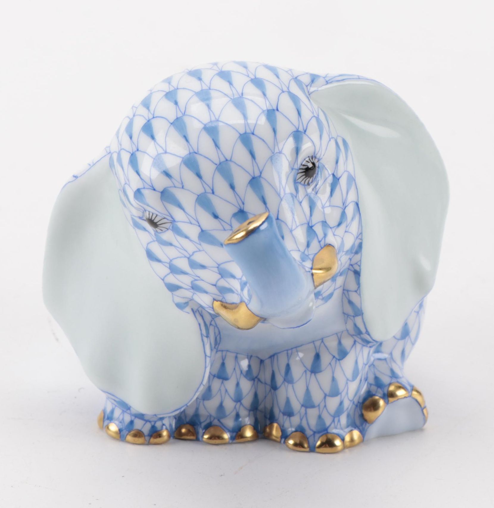 Herend Blue Fishnet with Gold "Sitting Baby Elephant" Porcelain Figurine, 2004
