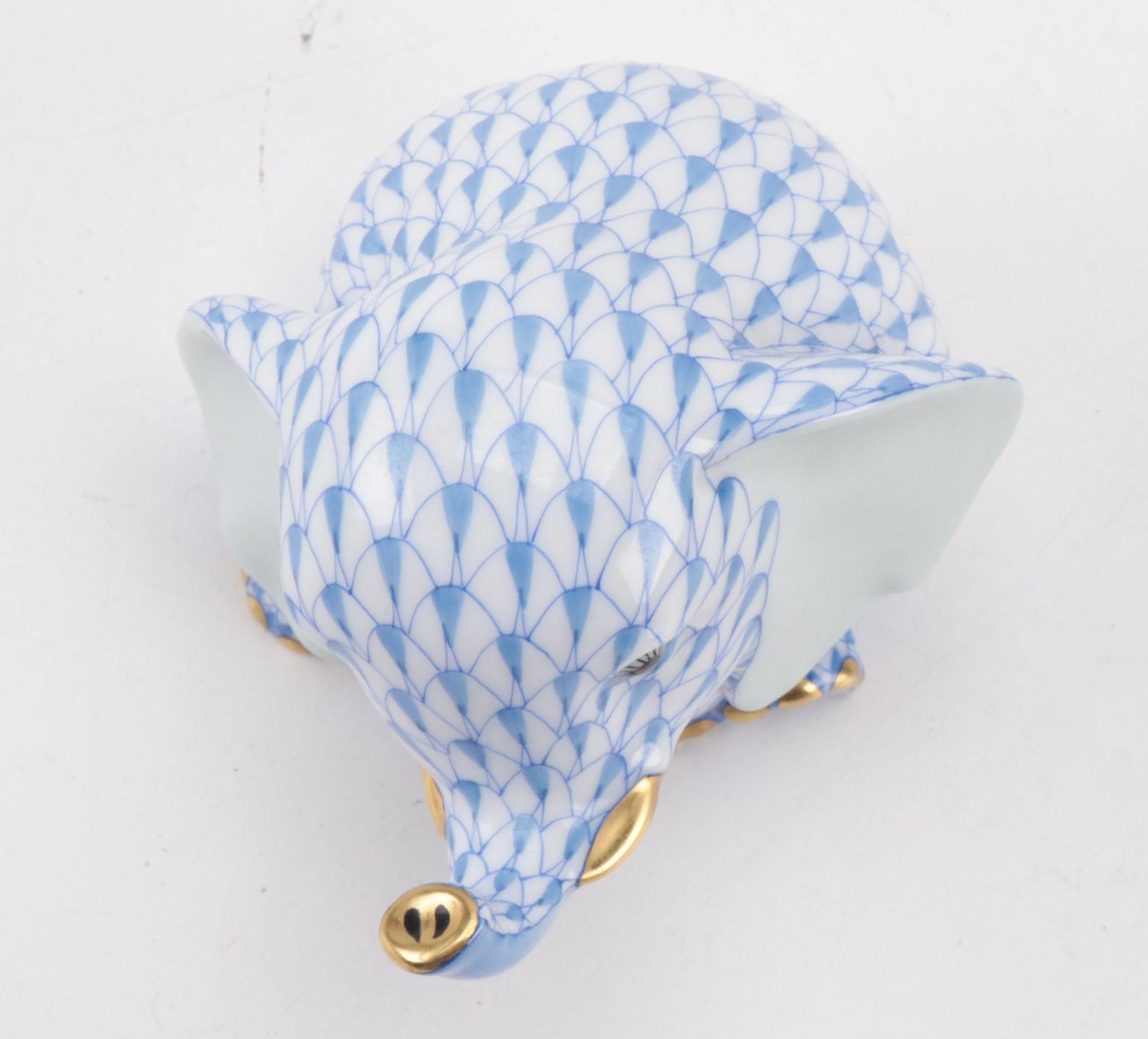 Herend Blue Fishnet with Gold "Sitting Baby Elephant" Porcelain Figurine, 2004