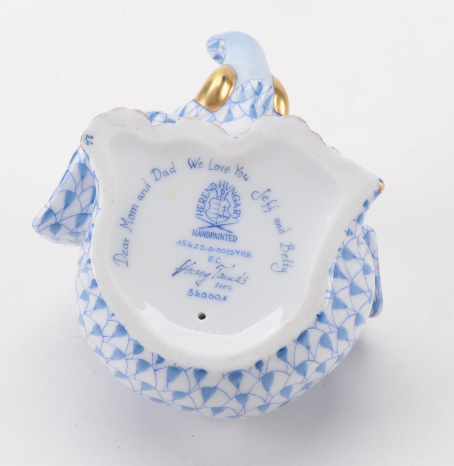 Herend Blue Fishnet with Gold "Sitting Baby Elephant" Porcelain Figurine, 2004