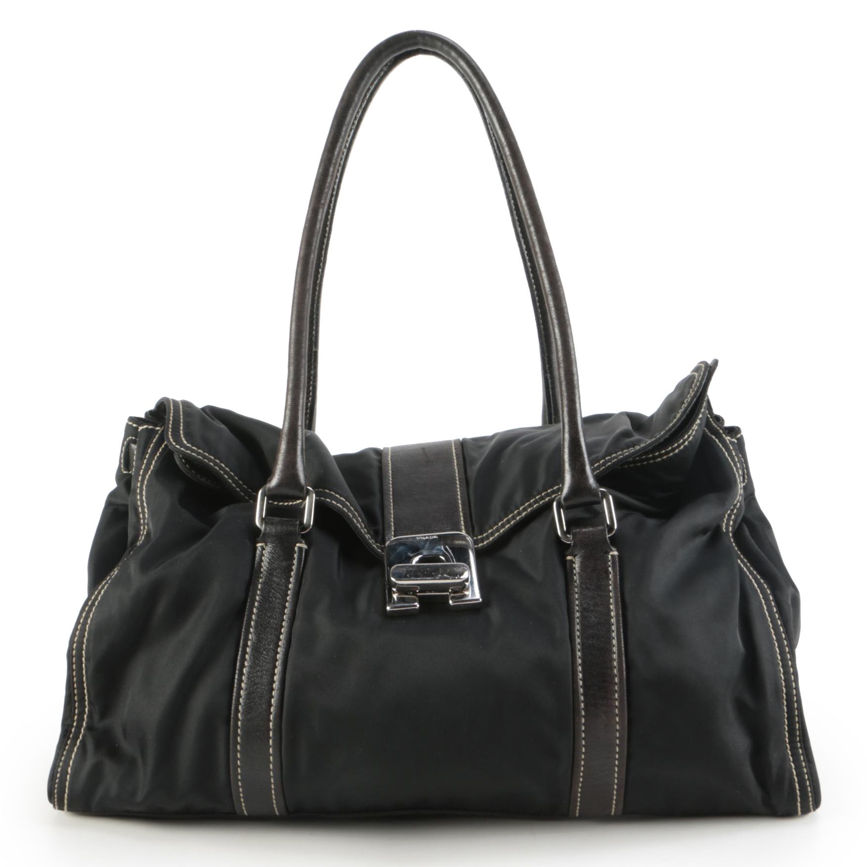 Prada Gathered Tessuto Twist Lock Bag in Contrast Stitched Nylon and Leather