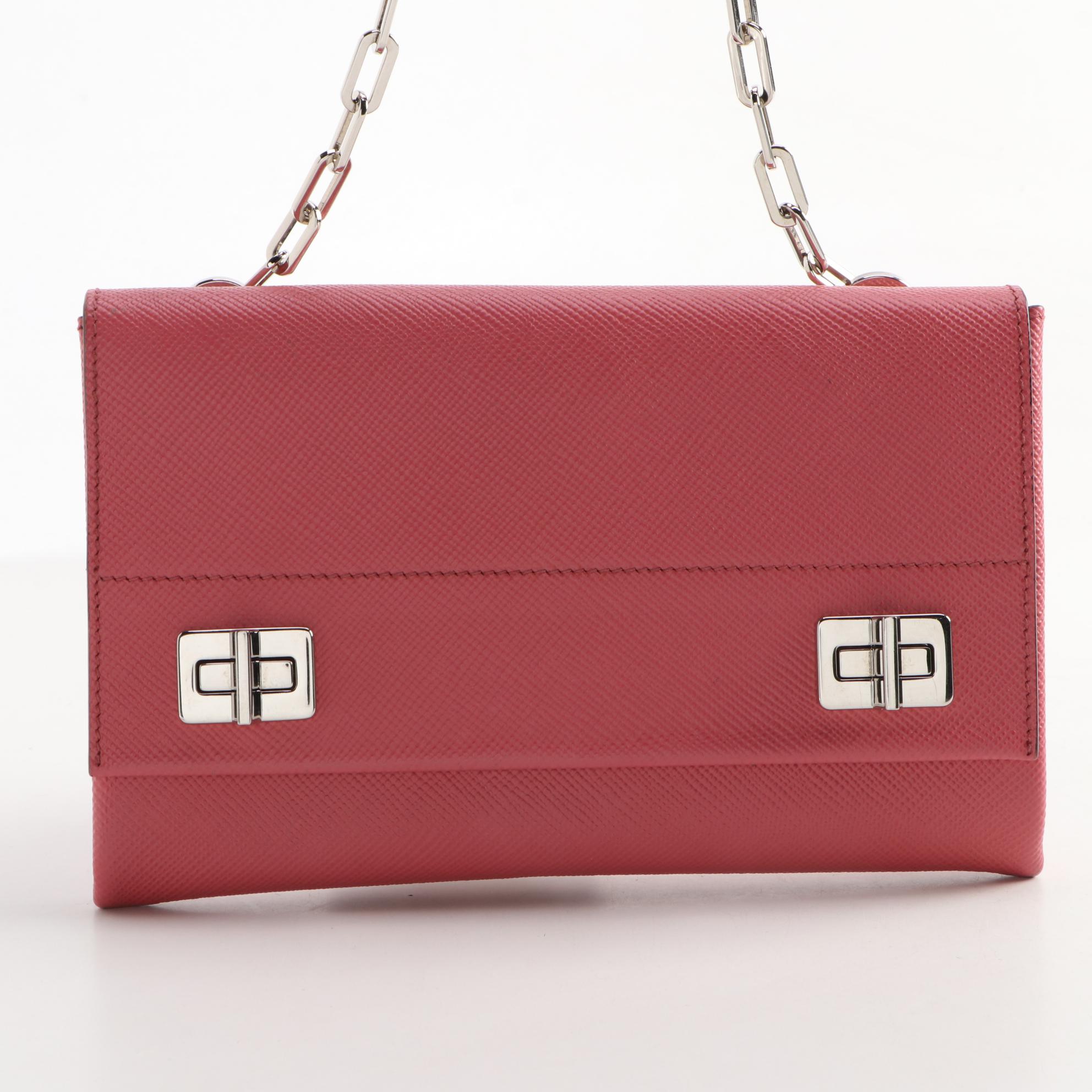Prada Double Turn Lock Pink Saffiano Leather Chain Strap Purse