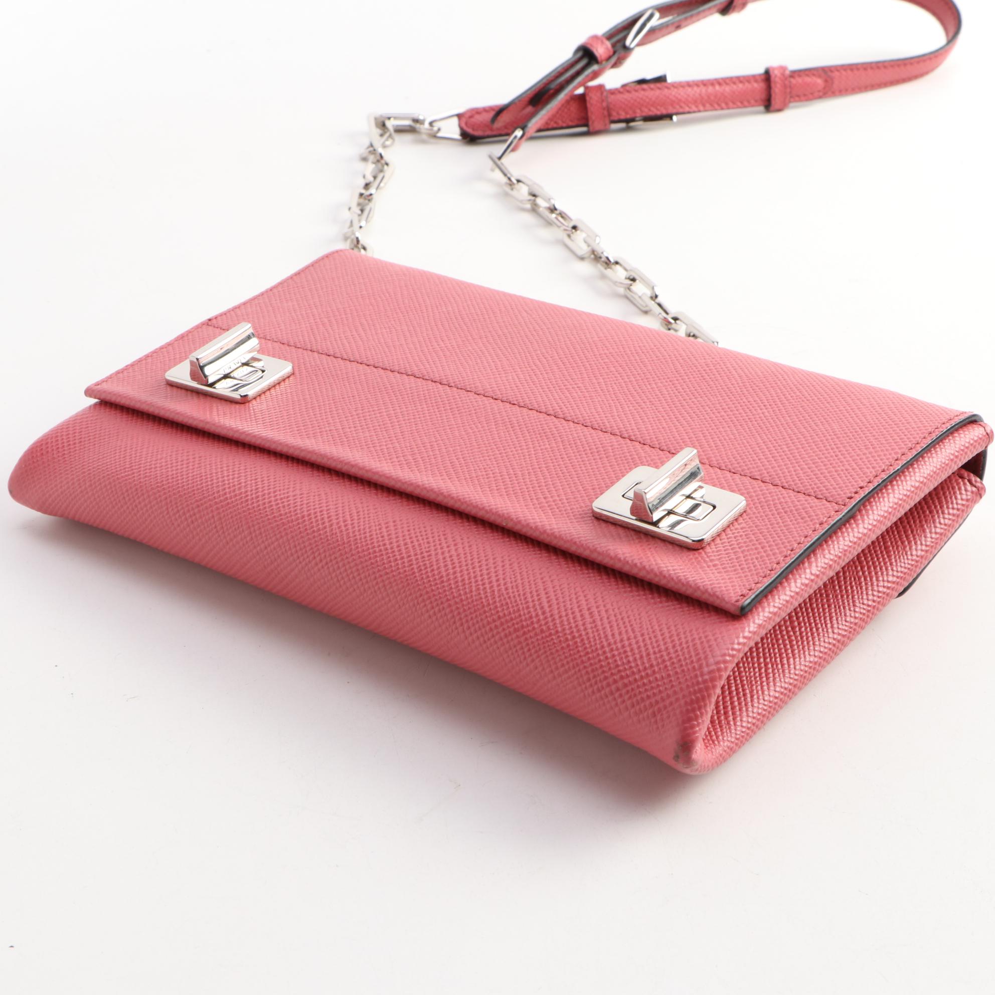 Prada Double Turn Lock Pink Saffiano Leather Chain Strap Purse