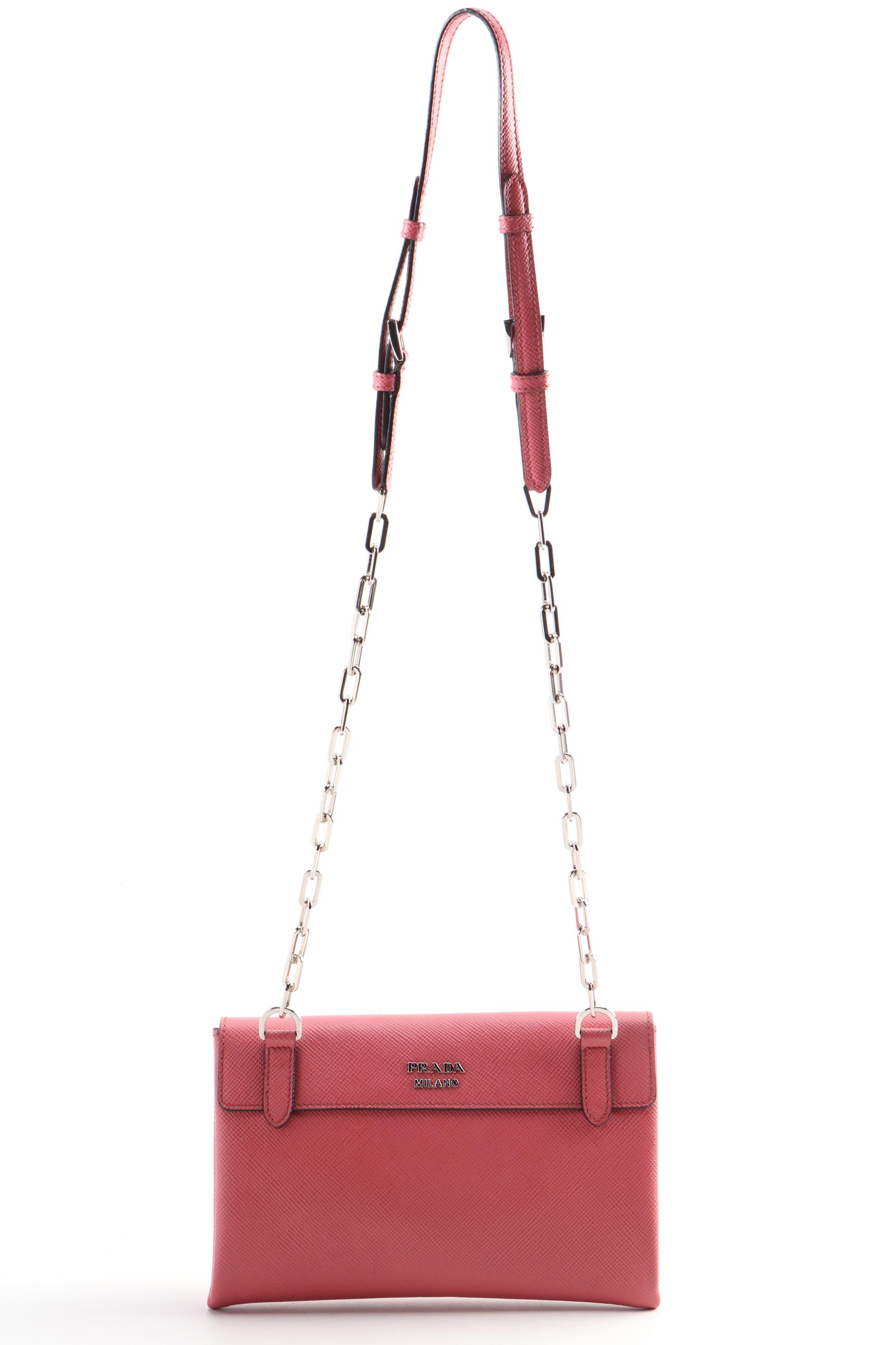 Prada Double Turn Lock Pink Saffiano Leather Chain Strap Purse