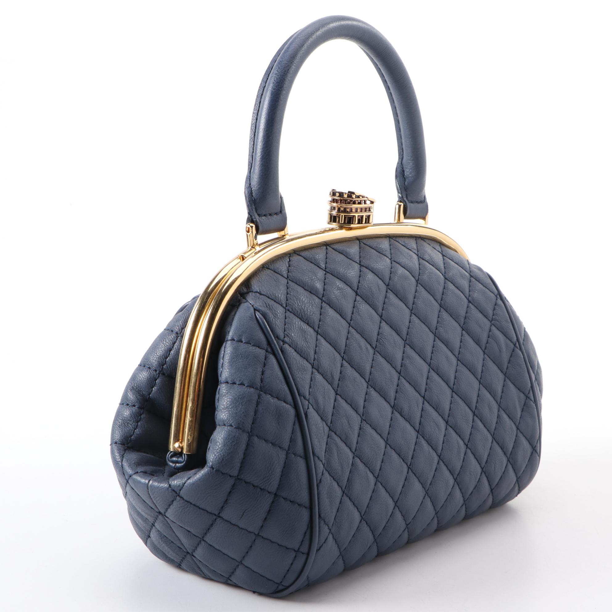 Chanel Roman Colosseum Lock Frame Quilted Blue Leather Two-Way Handbag