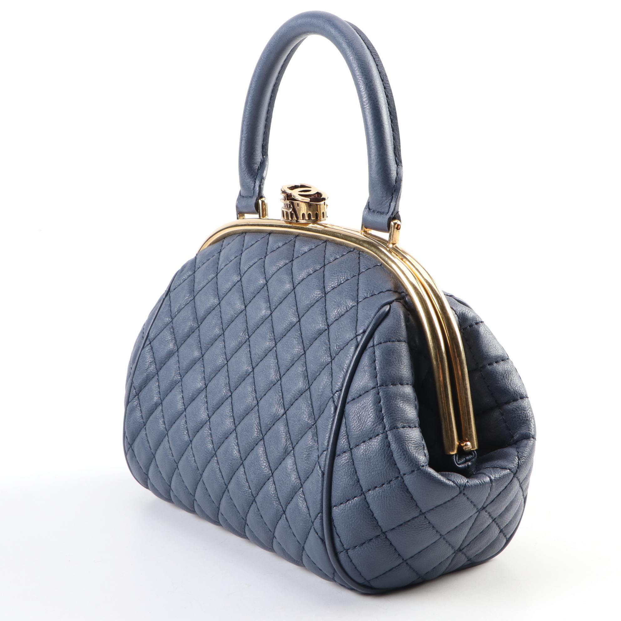 Chanel Roman Colosseum Lock Frame Quilted Blue Leather Two-Way Handbag