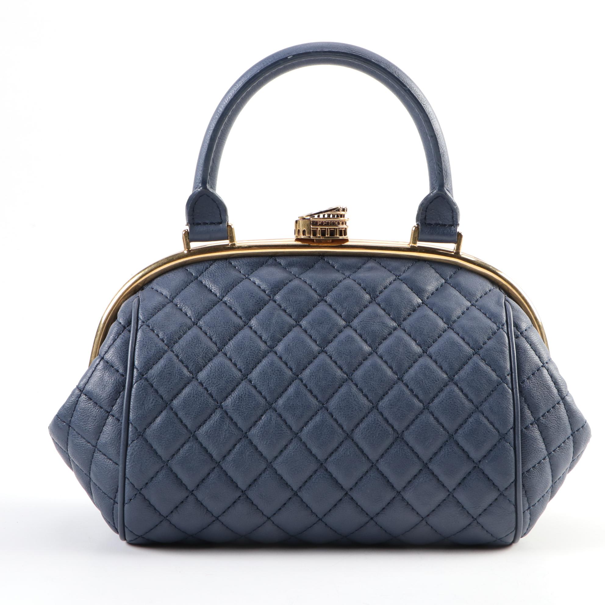 Chanel Roman Colosseum Lock Frame Quilted Blue Leather Two-Way Handbag