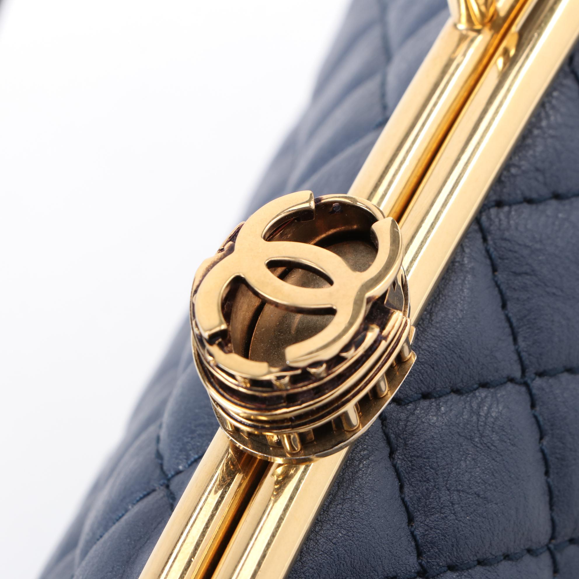 Chanel Roman Colosseum Lock Frame Quilted Blue Leather Two-Way Handbag