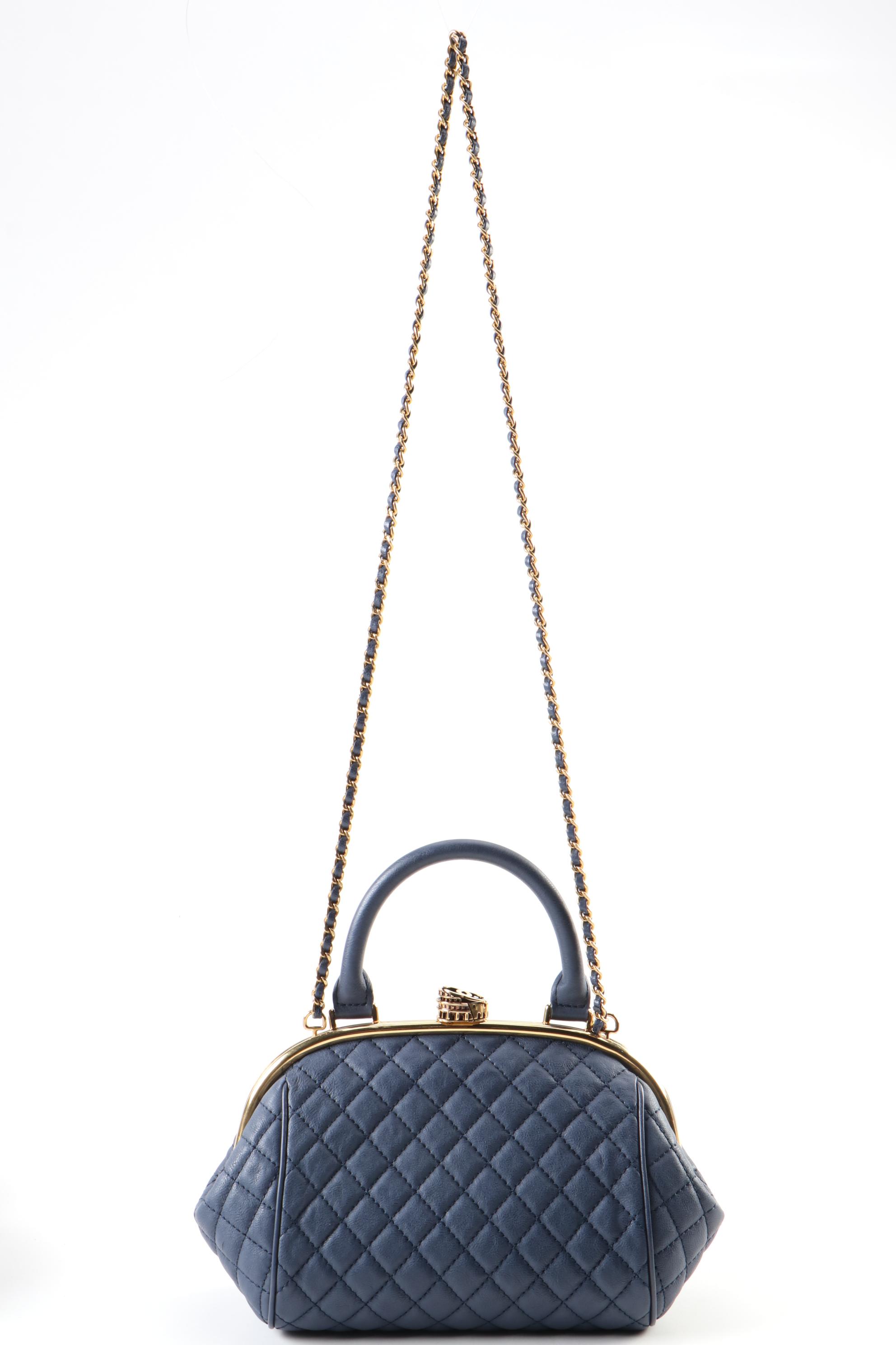 Chanel Roman Colosseum Lock Frame Quilted Blue Leather Two-Way Handbag