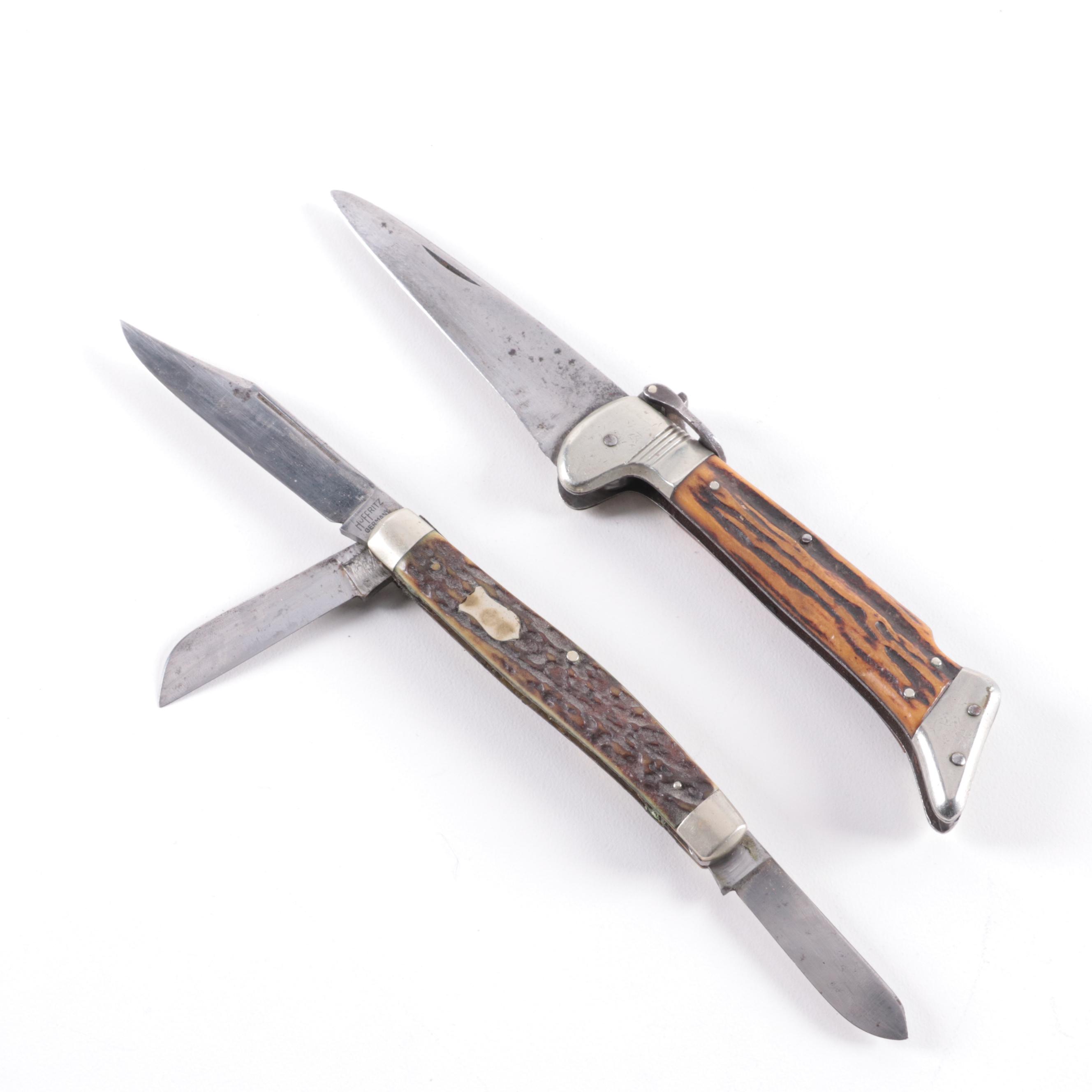 Stag Horn Grip Pocket Knives Including Hoffritz of Germany, Mid 20th Century